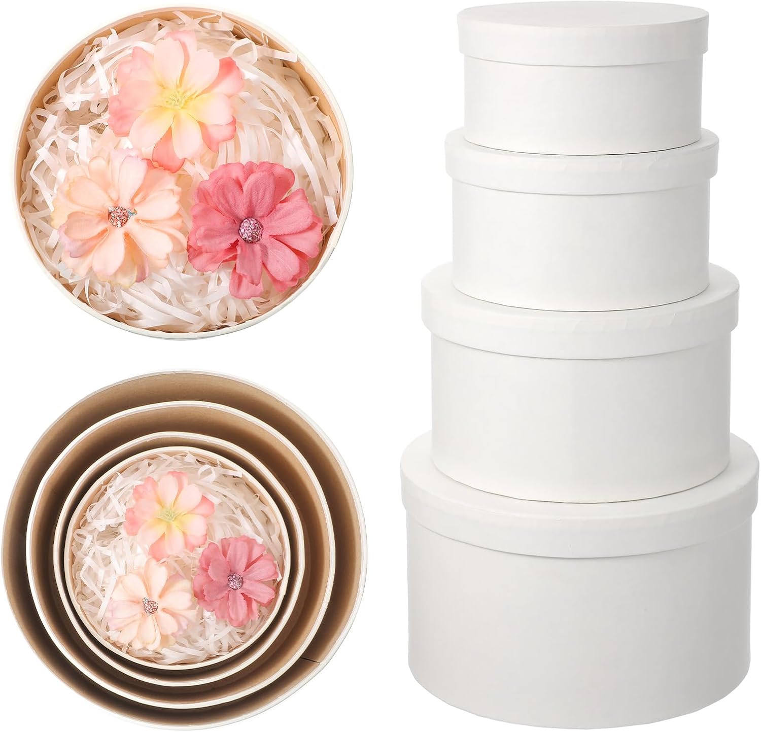 mekueeex Flower Box Set of 4 Round Gift Boxes with Clear Lids - Nesting White Round Gift Boxes for Flower Arrangements, Valentine's Day