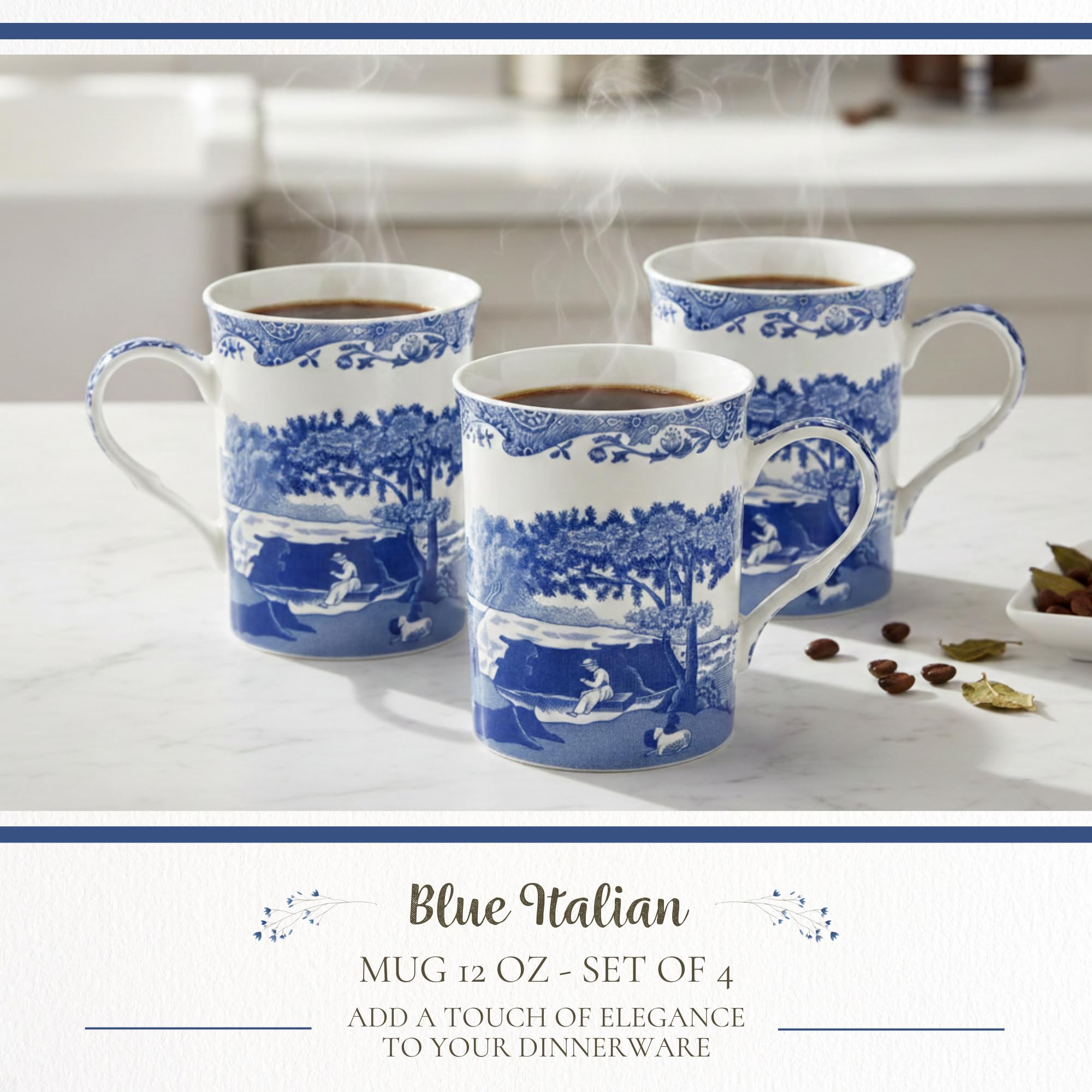 Portmeirion Juego de 4 Tazas, Porcelana, Azul y Blanco, 8.5 x 12 x 10.5 cm, 4