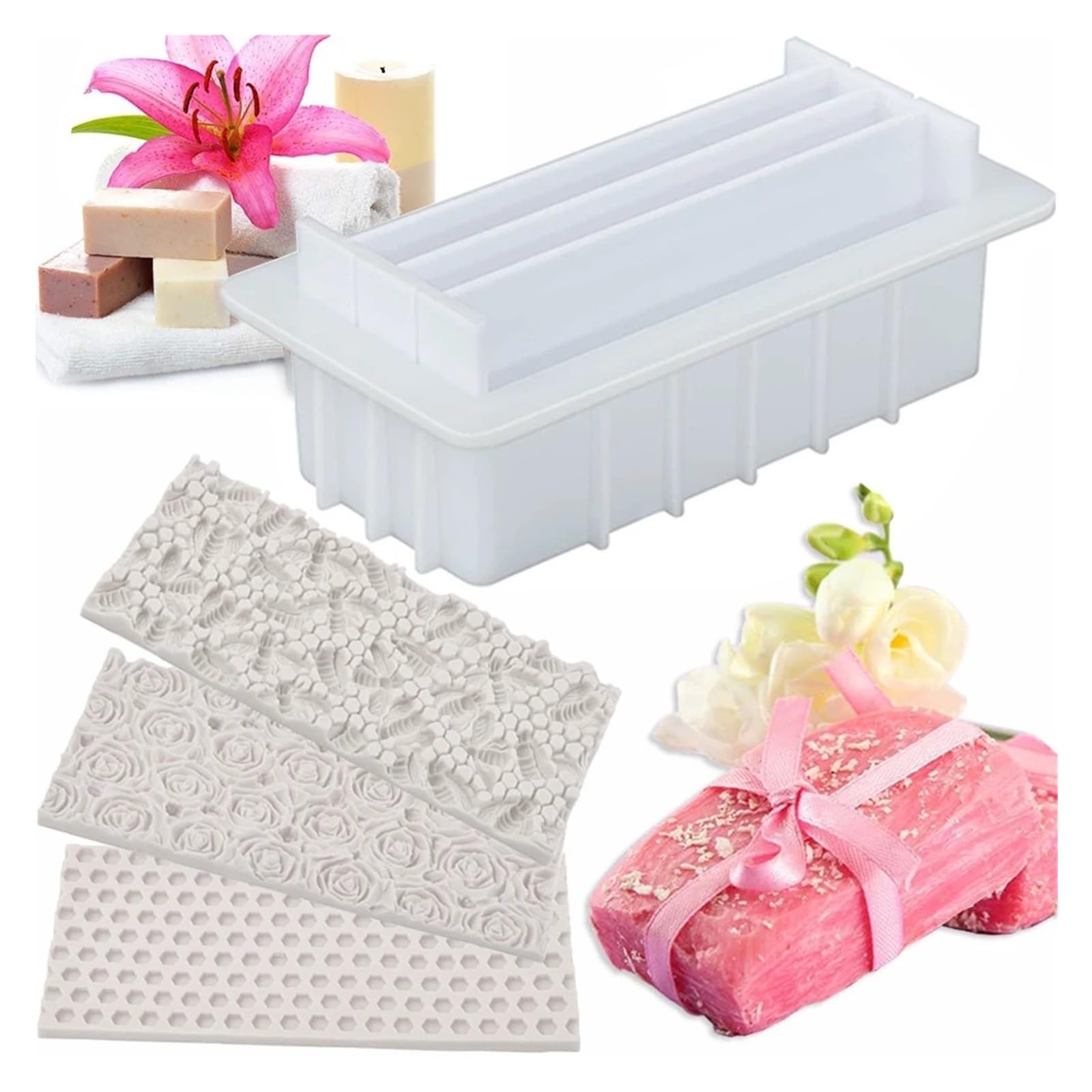 Moule Bougie Moule à savon en Silicone avec 5 séparateurs acrylique, tapis nid d'abeille, rose et abeille, outil artisanal résine fait la main
