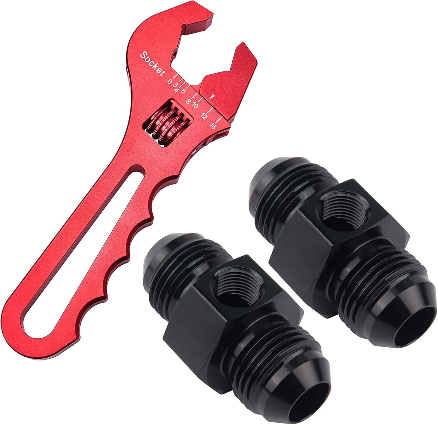 EVIL ENERGY 8AN Male to 8AN Male Union with 1/8 NPT Port Fitting 2PCS Bundle with Adjustable 3AN-16AN Wrench Aluminum Red