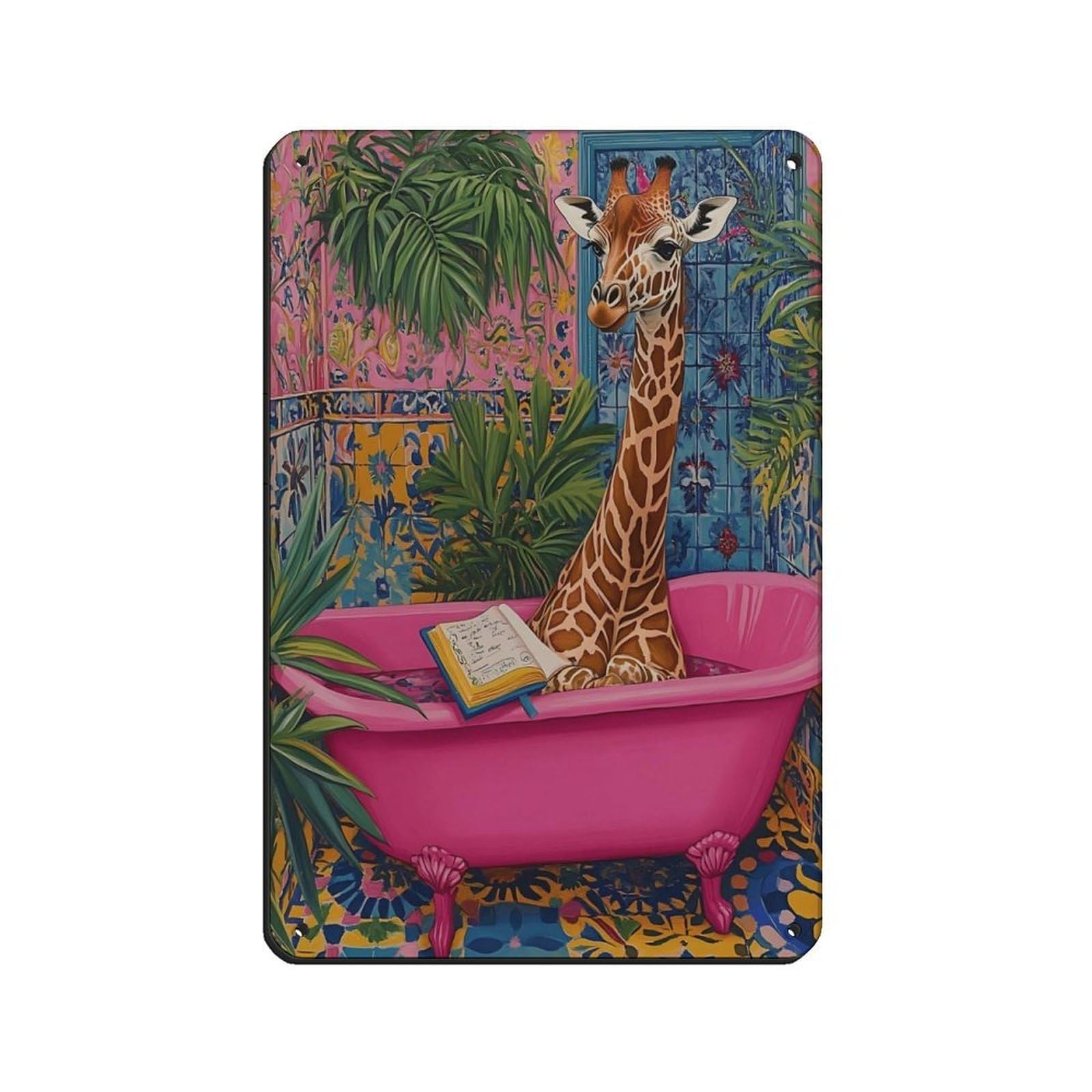 Quirky Giraffe in Bathtub Bathroom Retro Poster Metal Tin Sign Chic Art Retro Iron Painting Bar People Cave Cafe Family Garage Poster Wall Decoration 8x12inch(20x30cm)
