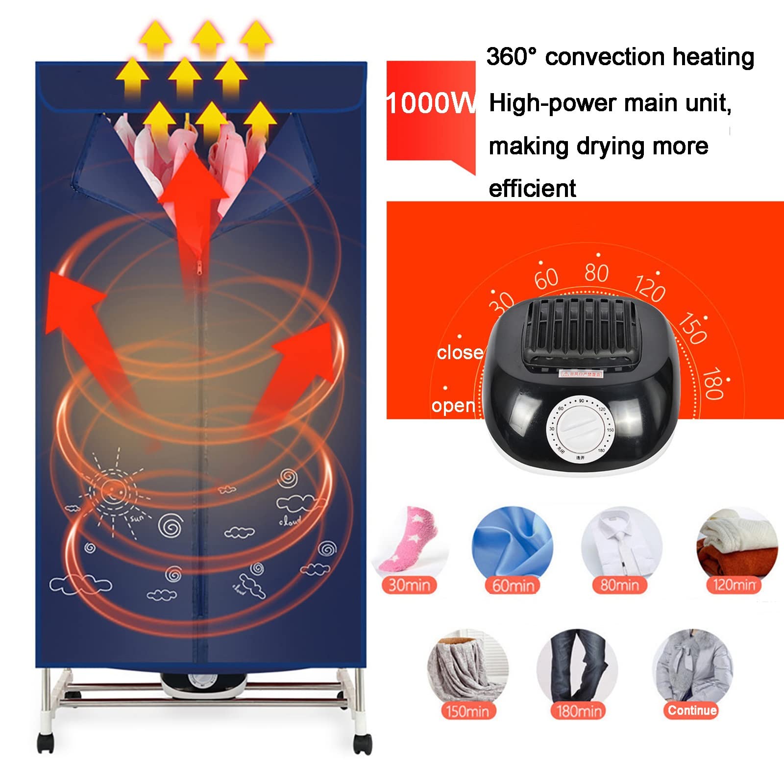 Secador de ropa eléctrico de interior de 3 niveles con armario de secado de aire caliente, 1000 W de eficiencia energética, para todas las telas, viene con una percha de acero inoxidable con 10 clip