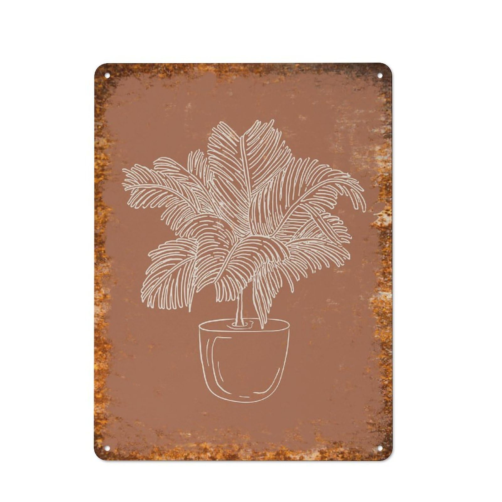 peiyeety Metal Tin Sign Retro Distressed Vintage Rustic Metal Potted Palm Leaf Silhouette Print Wall Art Decor for Home Kitchen Bedroom Bathroom Farmhouse Living Room Office Apartment 12x16 Inch