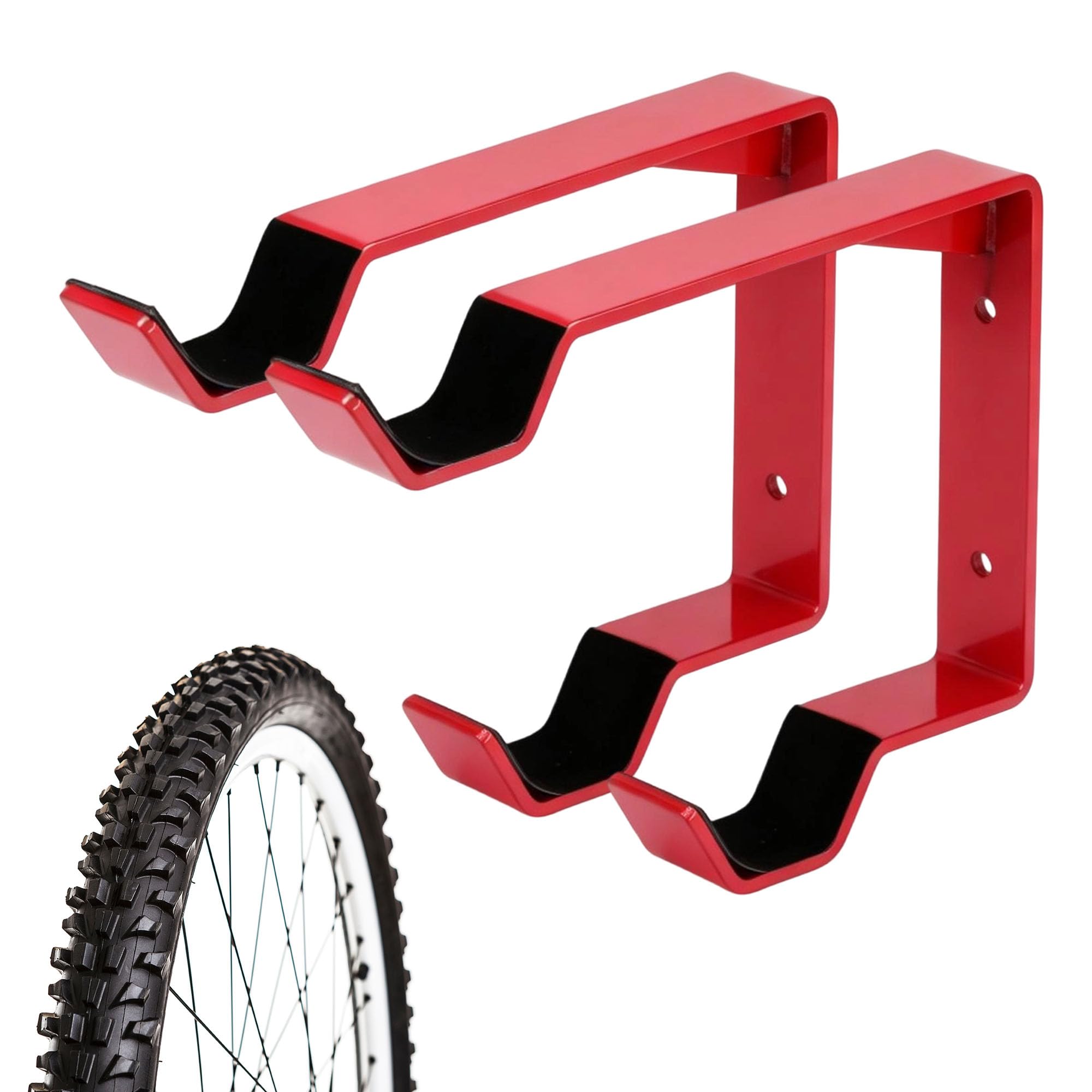 Partuto 2x Bike Wheel Rack Wall Mount, Carbon Steel Bicycle Wheel Holder Wall Mount for Garage Indoor Outdoor, Vertical Bike Tire Hanger Double Bicycle Tire Hook, W/Screw Padding, Red