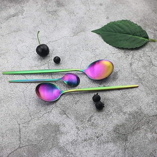 Miniatura 3 de JASHII - Juego de cubiertos iridiscentes arcoíris de acero inoxidable con acabado mate, incluye tenedores, cuchara, cuchillo, cubiertos para 4,