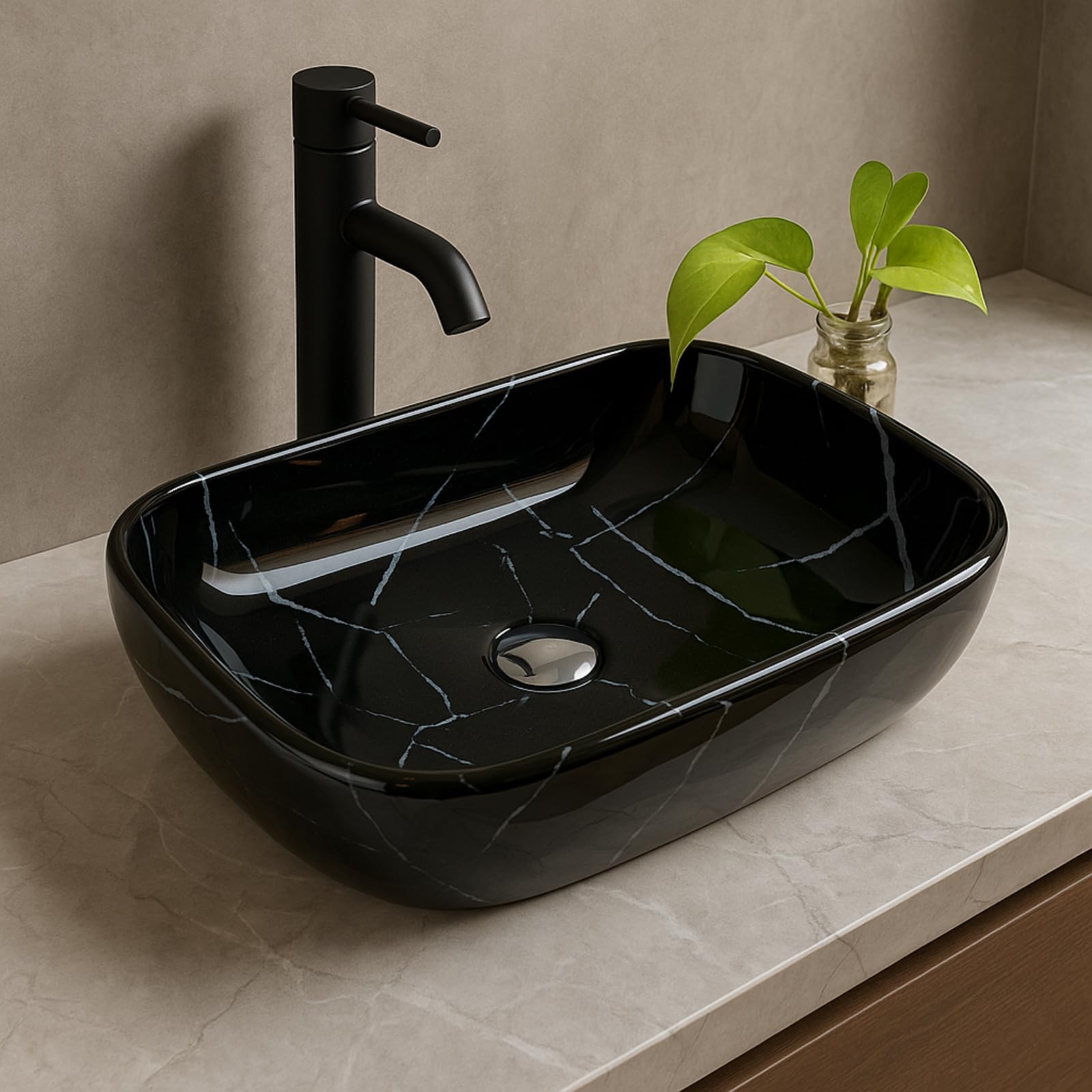 Vivatra Ceramic Tabletop Wash Basin β Glossy Rectangular Countertop Vessel Sink with Marble Finish for Bathroom & Vanity | Compact 18 x 13 x 5 Inch | Elegant Washbasin (VT_WB_LC01_024) 3