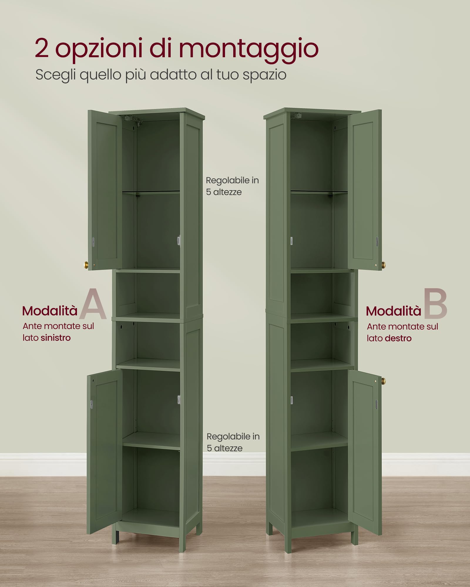 VASAGLE Mobile da Bagno con Luce, Mobiletto da Bagno Salvaspazio, Armadietto da Bagno a Colonna con Ripiani Regolabili, Largo 40 cm, per Piccoli Spazi, Moderno, Verde Foresta BBC766CH03