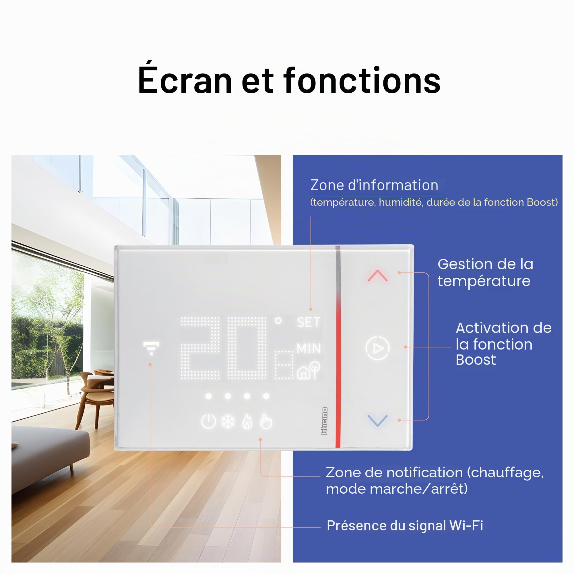 Bticino XW8002WE Thermostat connecté WiFi, New Smarther2 with Netatmo, Couleur Blanche, contrôle de température (Froid et Chaleur) de la Maison à Distance, Surface, 2 Fils