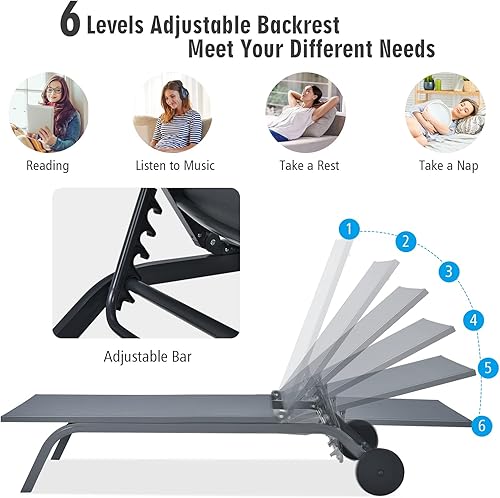 Miniatura 5 de Giantex Tumbona reclinable de aluminio con 6 posiciones de respaldo ajustables y ruedas para patio, playa, piscina, tumbona (1, gris)
