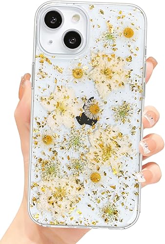 Abbery Funda transparente para iPhone 14 con diseño de flores reales prensadas, purpurina y brillo dorado, bonito patrón floral de margaritas Dorado