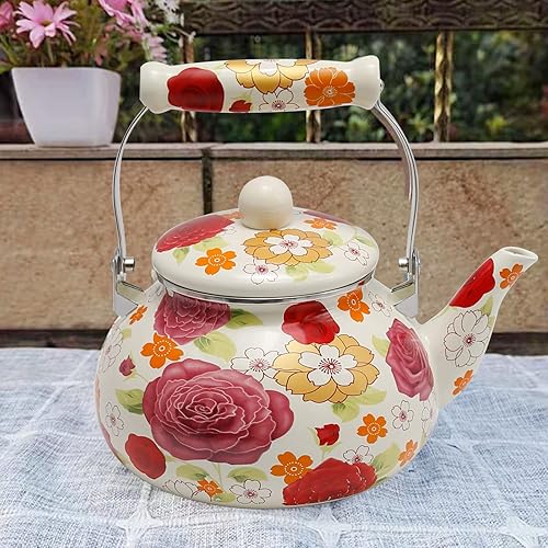 Miniatura 8 de Tetera de agua colorida, tetera para estufa, tetera grande de porcelana superior esmaltada, 2.5 L, diseño clásico retro (estilo 1) Estilo 1