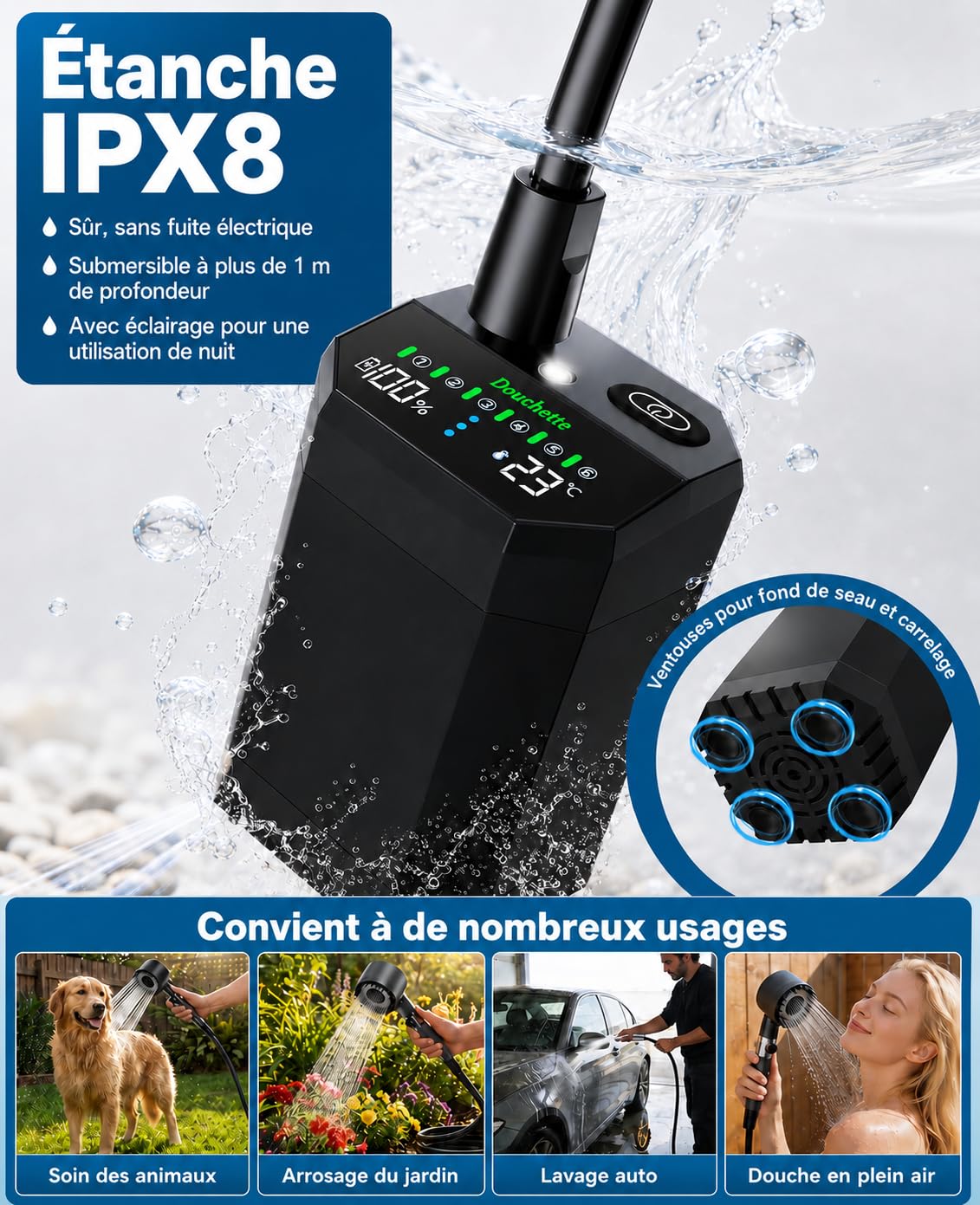 LANMOU Douche de Camping Portable 12000 mAh IPX8 avec Seau 20 L | Pompe de Douche con Pompe électrique, écran LED, 6 débits, tuyau 2 m et USB-C pour vanlife, camping-car, plage, chien