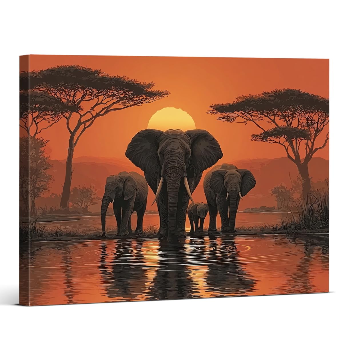 Vintage Sunset Elephant Wall Art Safari Elephant Family Canvas Print Poster Aesthetic Animal Wall Decor for Home Living Room 8x10 Inch Framed