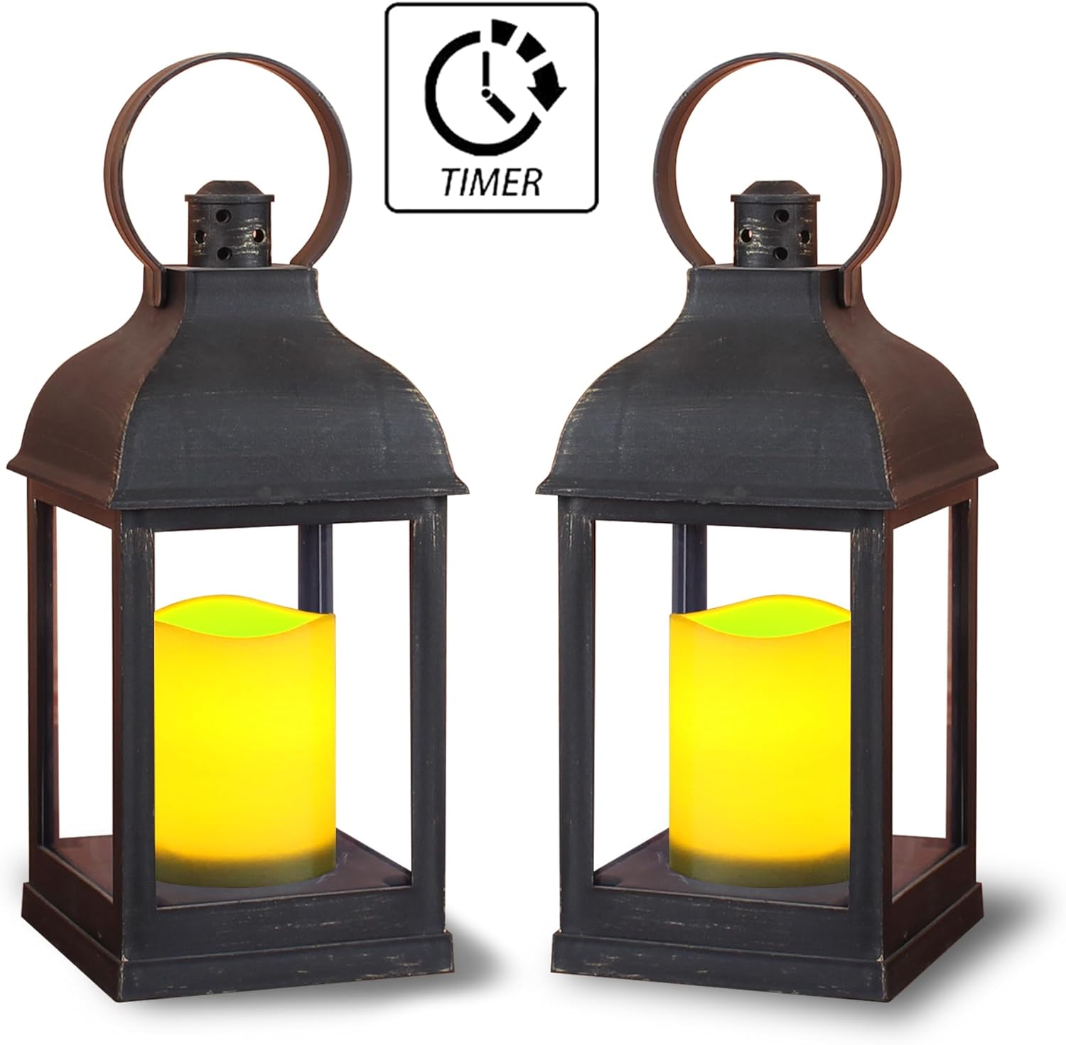 WRalwaysLX 2pack Decorative Lantern with flameless LED Candle Light, ON/Off/Timer Candle with 6Hours, Outdoor/Indoor LED Lantern, Use AAA Battery(not Include) Bronze Plastic (4x9)