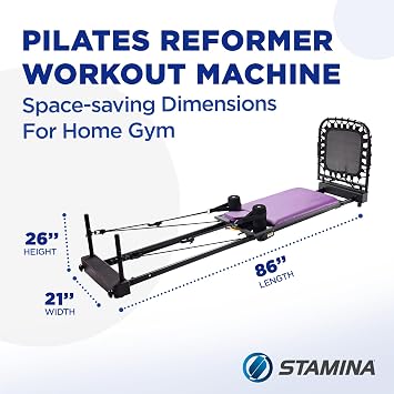 Stamina Products AeroPilates Reformer Plus 379, Pilates Home Gym Equipment with Cardio Rebounder, Padded Foot Bar, 4 Resistance Cords, and Workout DVDs