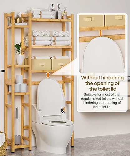 Miniatura 3 de Homde Almacenamiento sobre el inodoro con cesta y cajón, organizador de baño de bambú con estante ajustable y almohadilla impermeable para pies,
