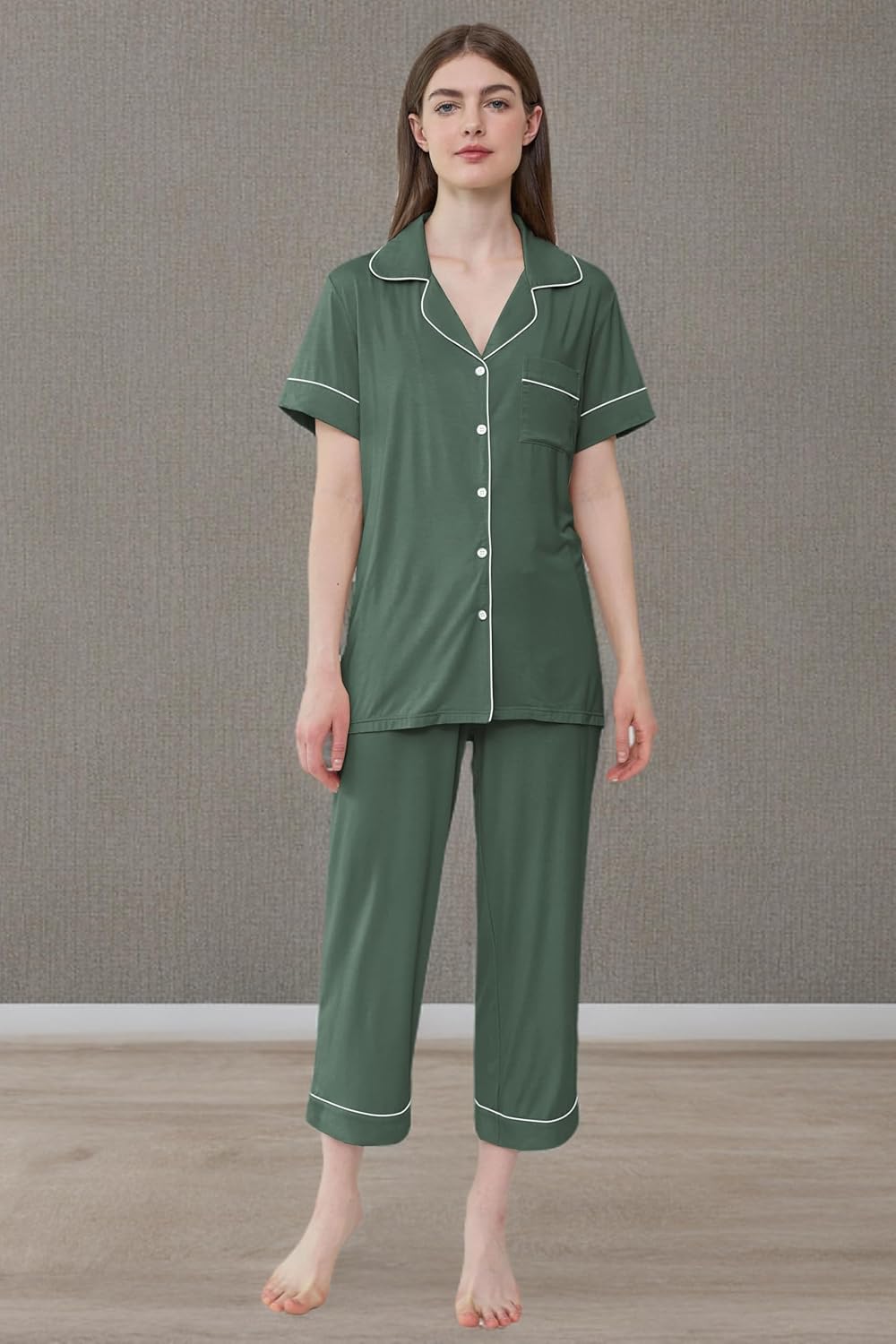 Joyaria Women Capri Pajamas Set Bamboo Viscose Pjs Short Sleeve Button Down Sleepwear - Image 7