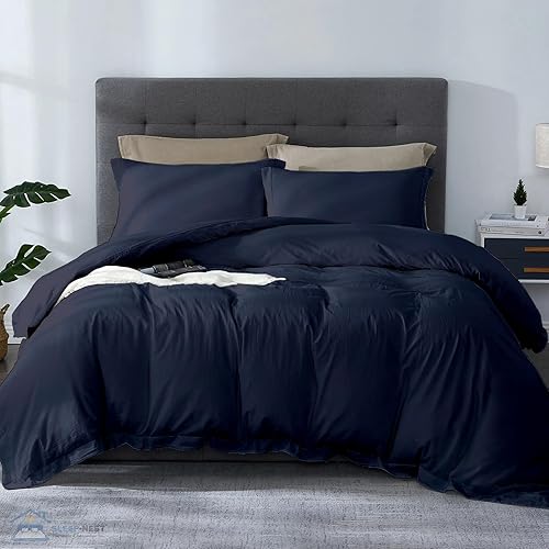 Miniatura 25 de SLEEP-NEST Juego de funda de edredón de 3 piezas de algodón egipcio de fibra larga de 120 x 120 pulgadas, con cierre de cremallera y lazos