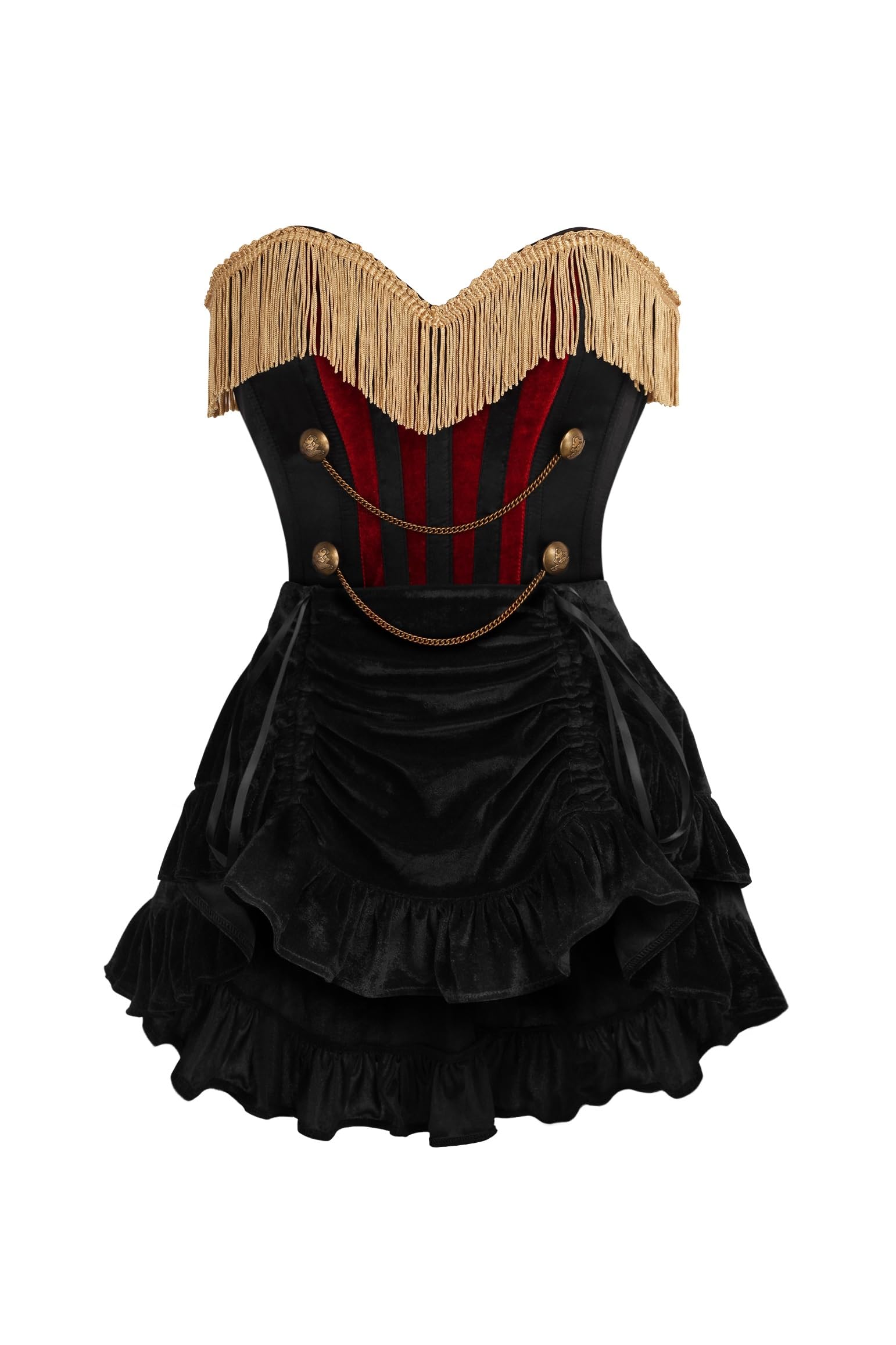 Daisy corsets womens Daisy Corsets 2 Pc Black Red Velvet W Fringe Steel Boned Corset Skirt Set Bustier