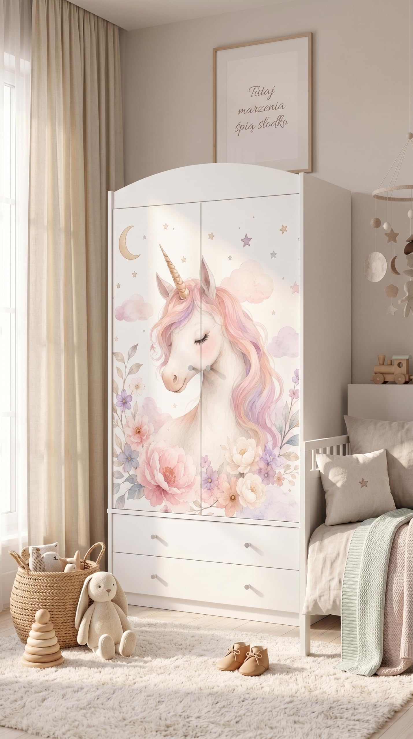 Happy Babies Kinderkleiderschrank mit bezauberndem Motiv – 2-türiger Schrank für Kinderzimmer inkl. 2 Schubladen, Kleiderstange & Einlegeböden, Weiß (88x187x54 cm) (Nr 452)