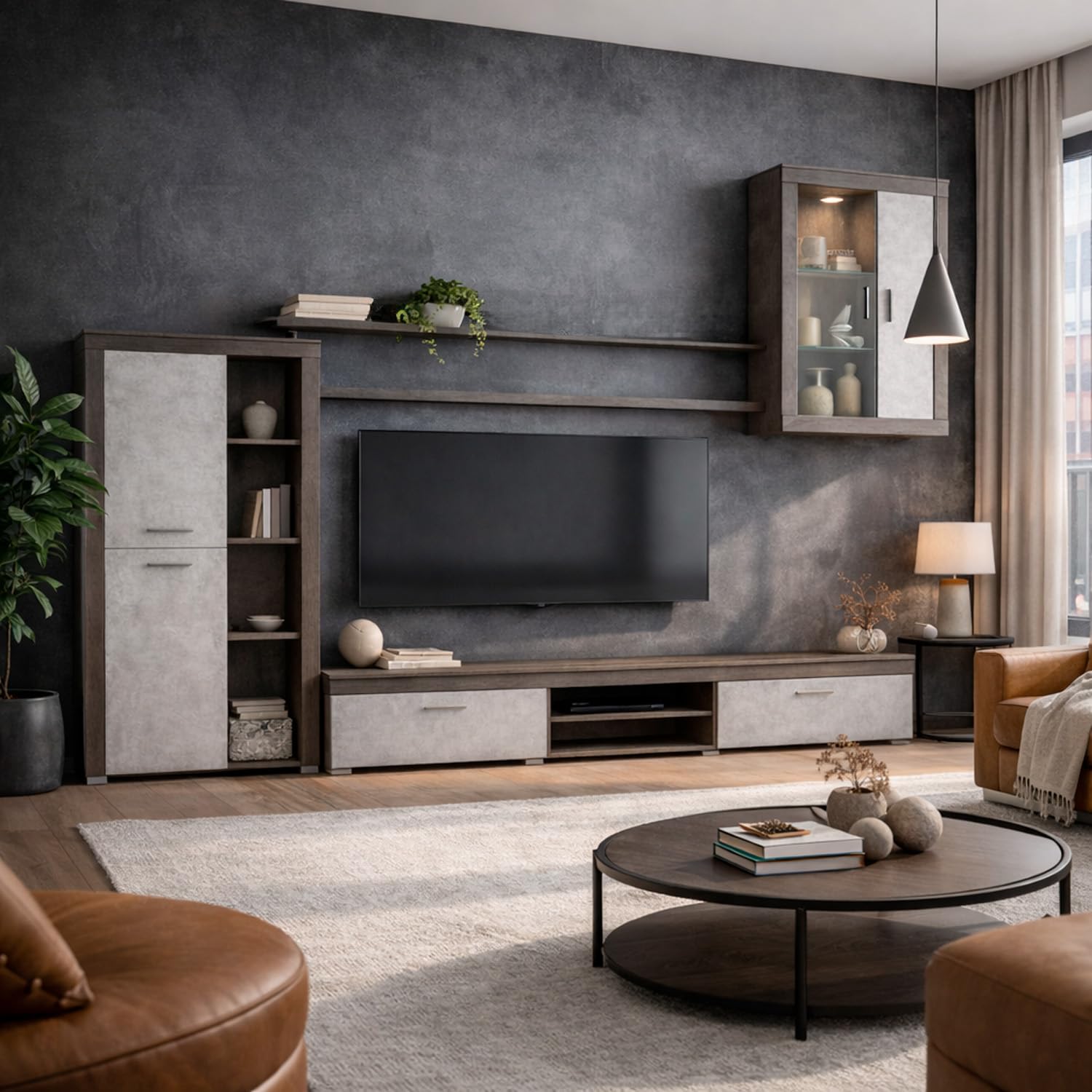 Arreditaly Parete Attrezzata Da Soggiorno Salotto Moderna Con Ante Mensole Vani A Giorno Vetrinetta Mobile TV Design Moderno Moduli Sospesi 293 x 193 x 50 Cm (Ossido e Grigio Cemento)