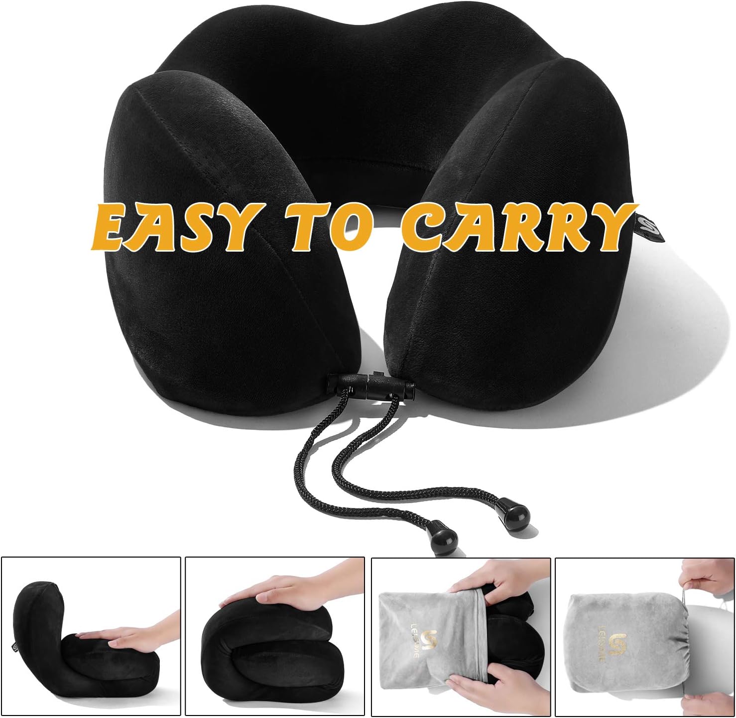 LEISIME Travel Pillow Memory Foam Neck Pillow Support - Comfortable & Breathable Cover - Machine Washable, Airplane Pillow Kit with 3D Sleep Mask, Earplugs, and Luxury Bag ( Black )