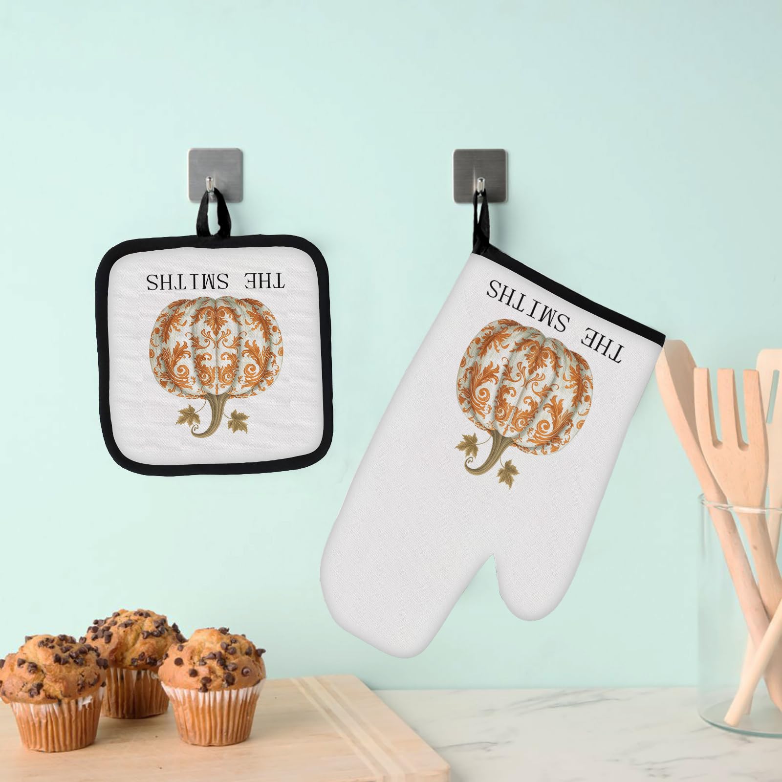 Custom Oven Mitts and Potholders Personalized Oven Mitts Set with Name Quilted Terry Cloth Cotton Lining Heat Resistant (Pumpkin)