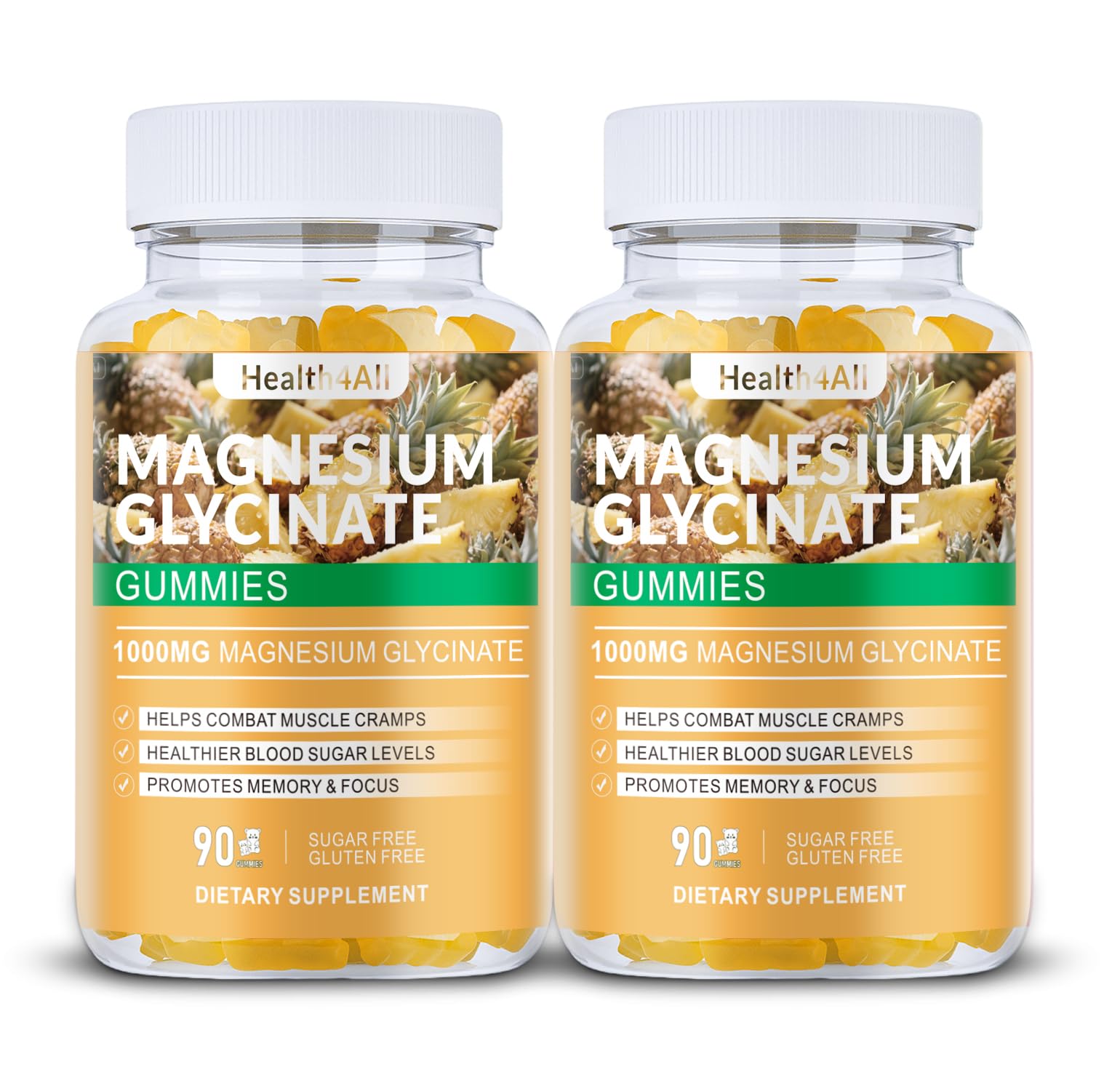Magnesium Glycinate Gummies 1000mg, High Absorption Sugar Free Magnesium Potassium Supplement for Relaxation, Stress Relief, and Sleep Support for Adults & Kids - 180 Pineapple Gummies Pineapple 180 Count (Pack of 1)