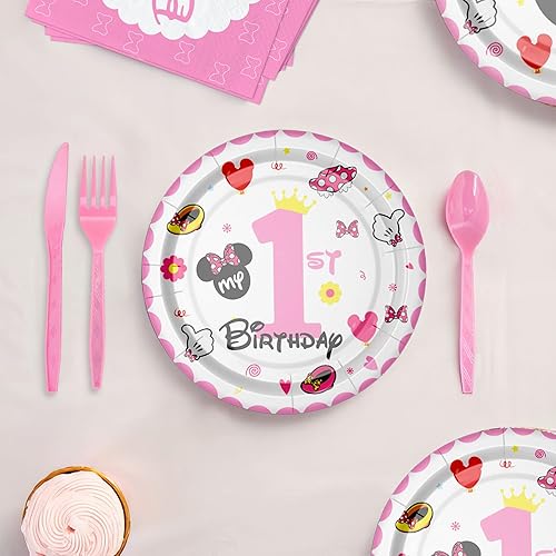 Miniatura 6 de Suministros para fiesta de primer cumpleaños de Minnie Theme Mouse - Vajilla, plato, taza, servilleta, mantel, cubiertos, pajilla, suministros de