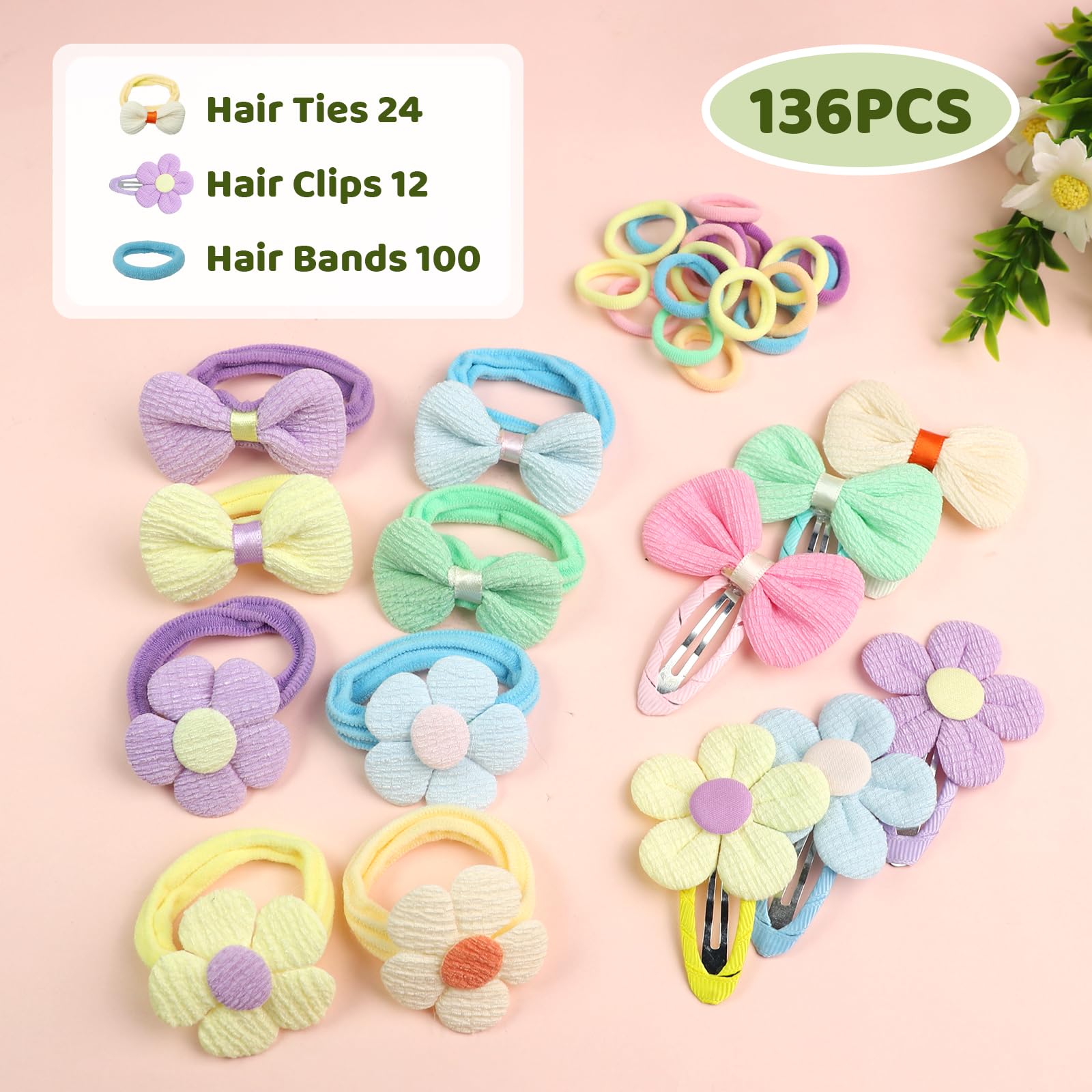 136 Pcs Toddler Hair Accessories Candy Colors Hair Clips & Hair Bands with Bows and Flowers - Image 3