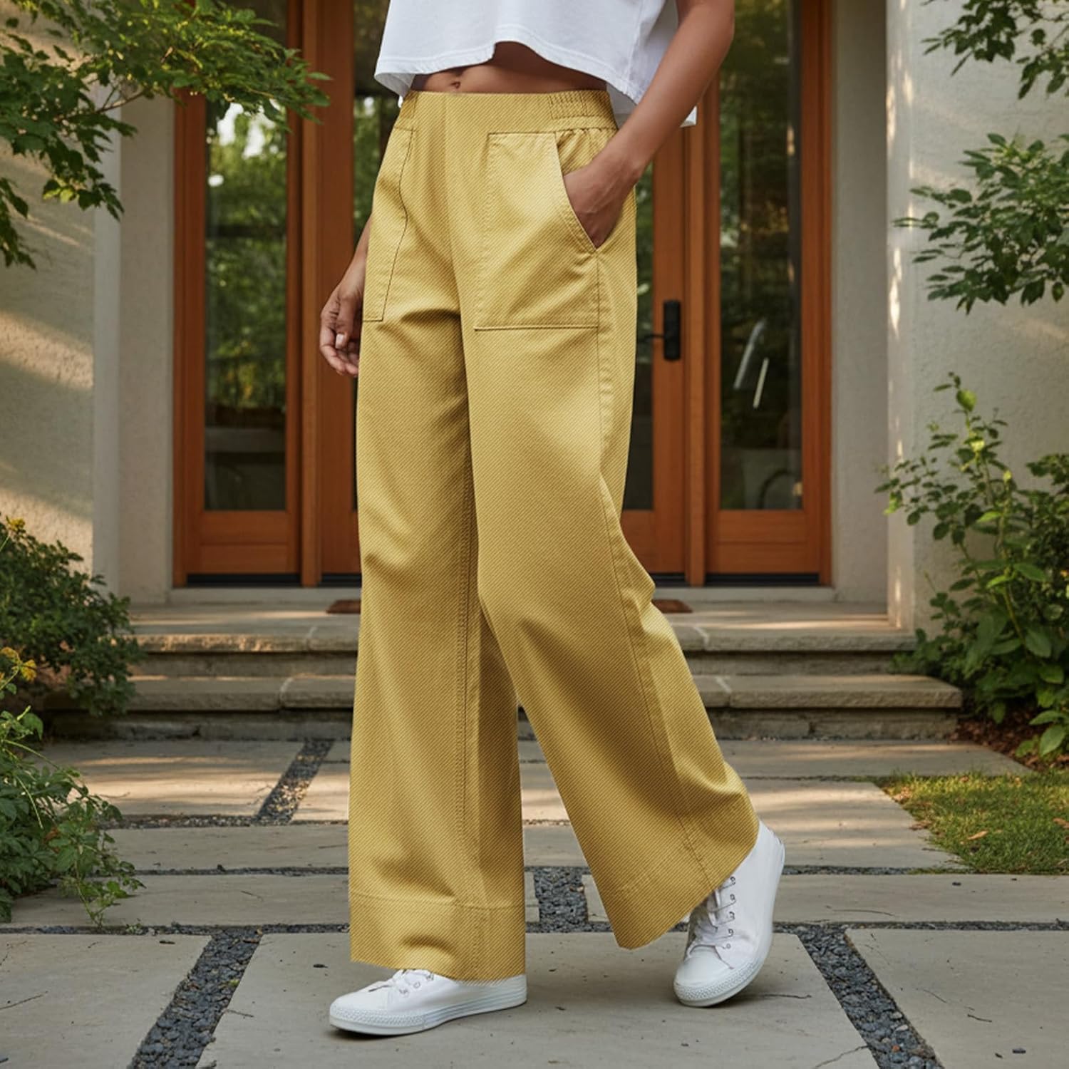 OAKFashion Womens Wide Leg Denim Jeans Stretchy High Waisted Baggy Full Length Pull-On Denim Pants Trousers with Pockets