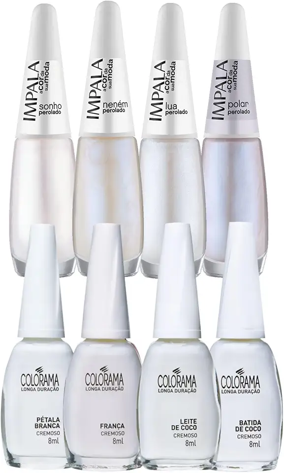 Kit 8 Esmaltes Impala e Colorama Tons Brancos e Perolados 8ml Ideal para Francesinha Alto Brilho e Boa Cobertura (Kit 8 Cores Completo)