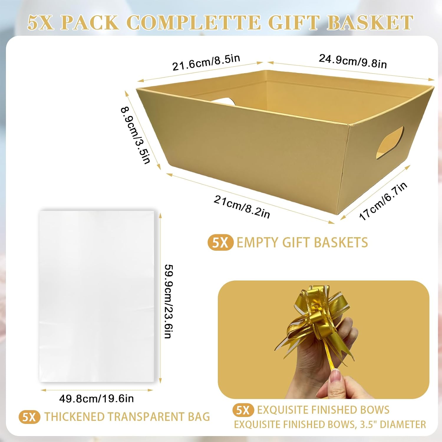 CANIYA 5-Pack Empty Gift Baskets Set, 10x8.5’’ Large Kraft Gift Basket with 5 Clear Bags & 5 Gold Bows - Sturdy DIY Baskets for Christmas Valentines Thanksgiving Birthday Wrapping Gift