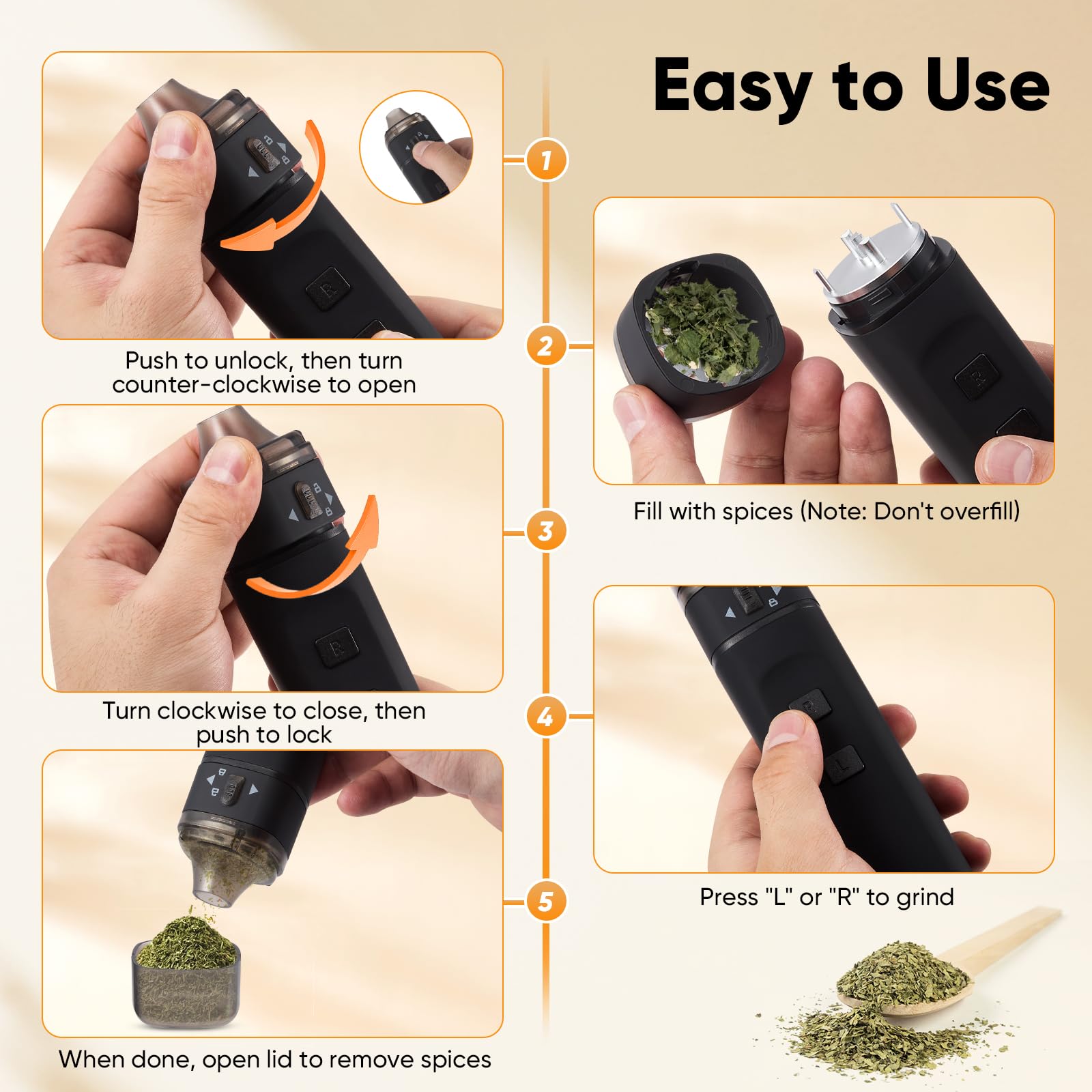 Grinder Elektrisch, Elektrischer Grinder mit Starkem Motor Schnelles Mahlen, USB-Aufladung, 2-Wege-Mahlen elektrische gewürzmühle für Gewürzen/Pollen