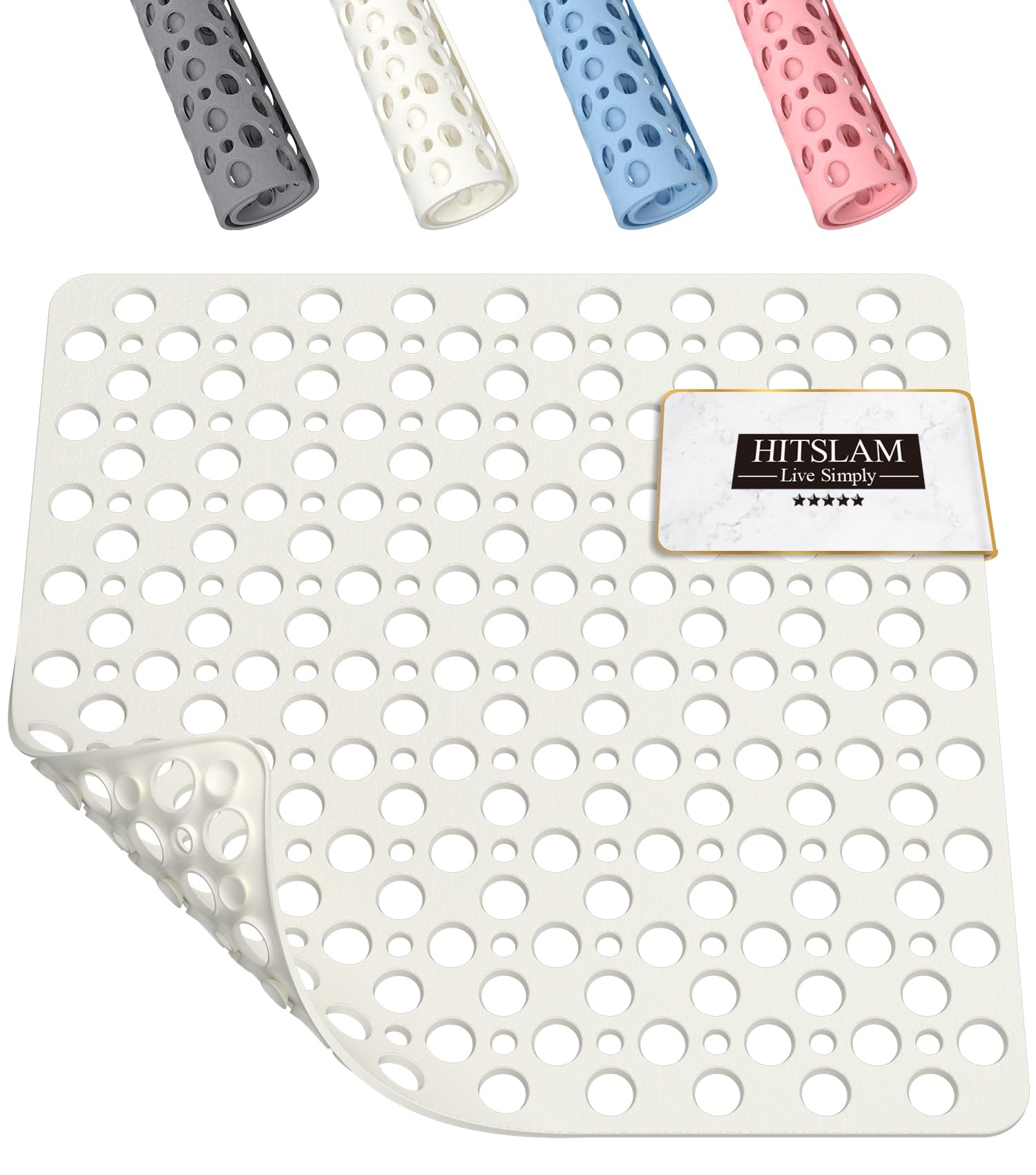 HITSLAM Shower Mat Anti Slip, 21x21 Inch No Odor Soft TPE Bathroom Shower Stall Floor Mat, Square Bath Mat for Tub Non Slip with Suction Cups and Drain Holes, Machine Washable, Soft on Feet, White
