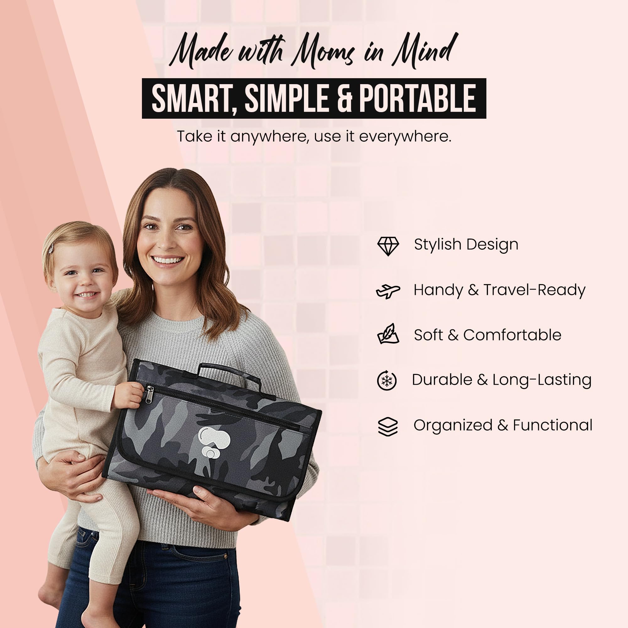 Cambiador de pañales portátil de camuflaje negro y gris, tapete cambiador de bebé compacto para padres diarios y de viaje