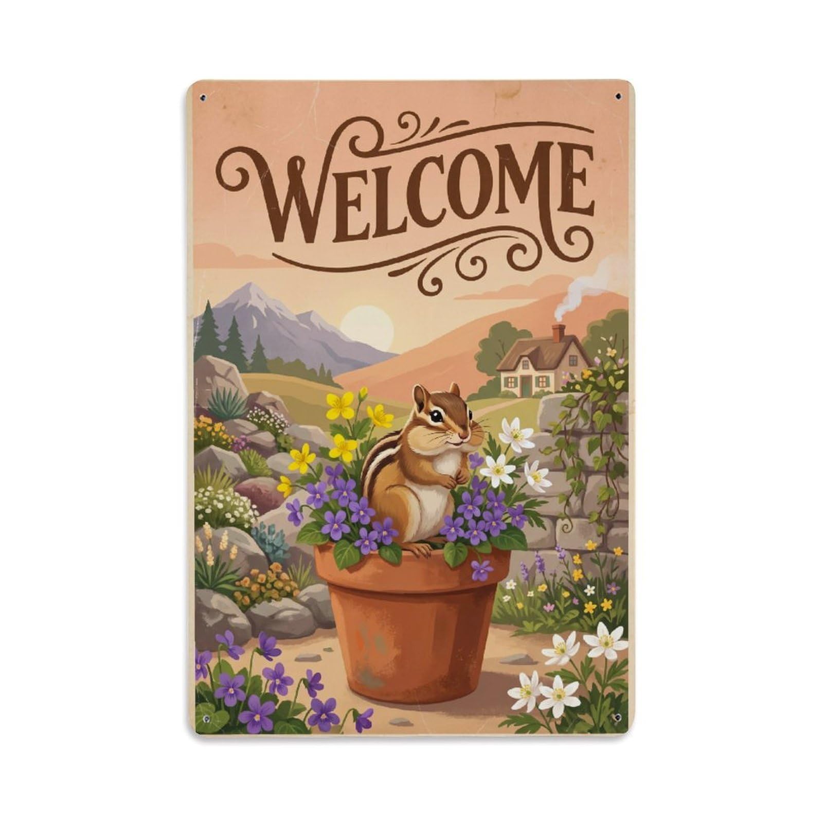 Cxhjca 8X12inch(20X30cm) Vintage Welcome Chipmunk Fresh Blooms Metal Tin Sign