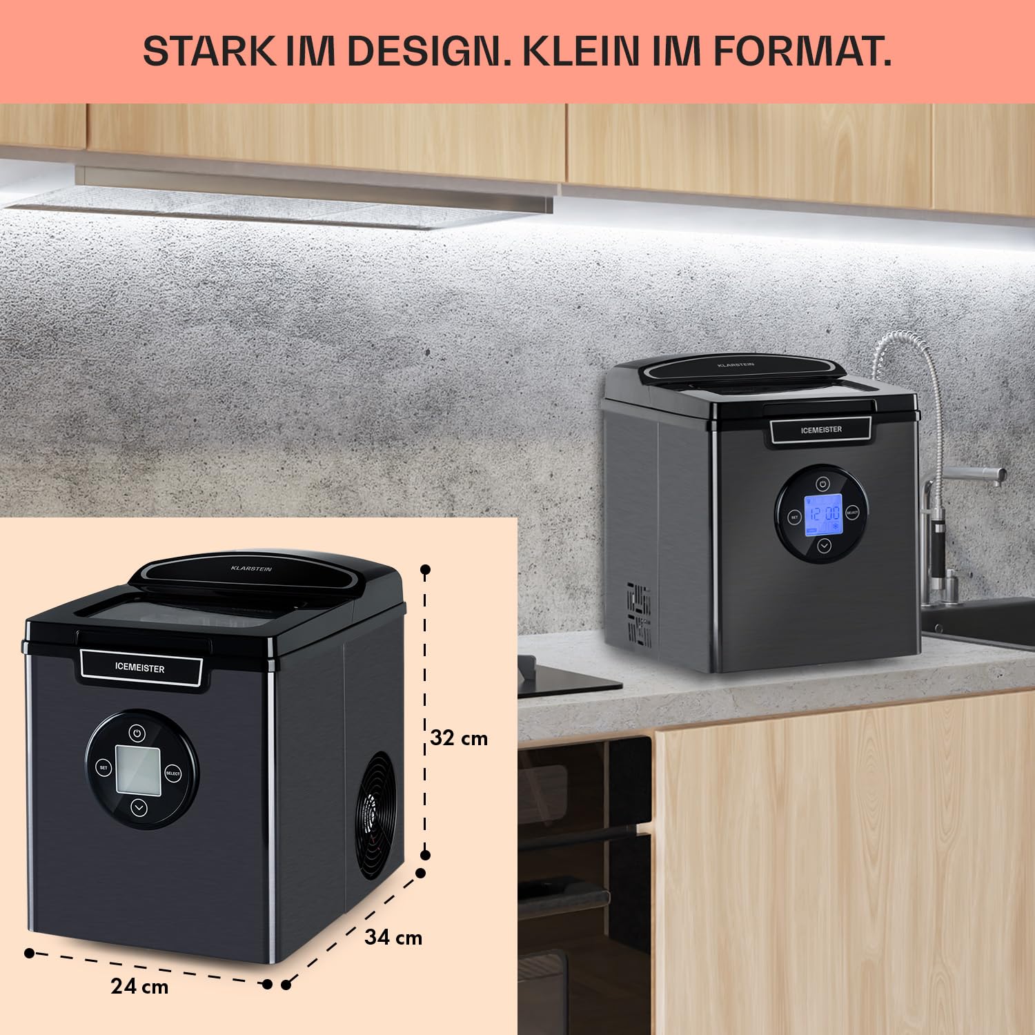 KLARSTEIN Icemeister 2G Eiswürfelmaschine, 12 kg/24 h, Produktion in 6-10 Minuten, 3 Eiswürfelgrößen, 1,8 l Wassertank, LCD-Display, Eiswürfelmaschine, Edelstahl, Dunkelgrau