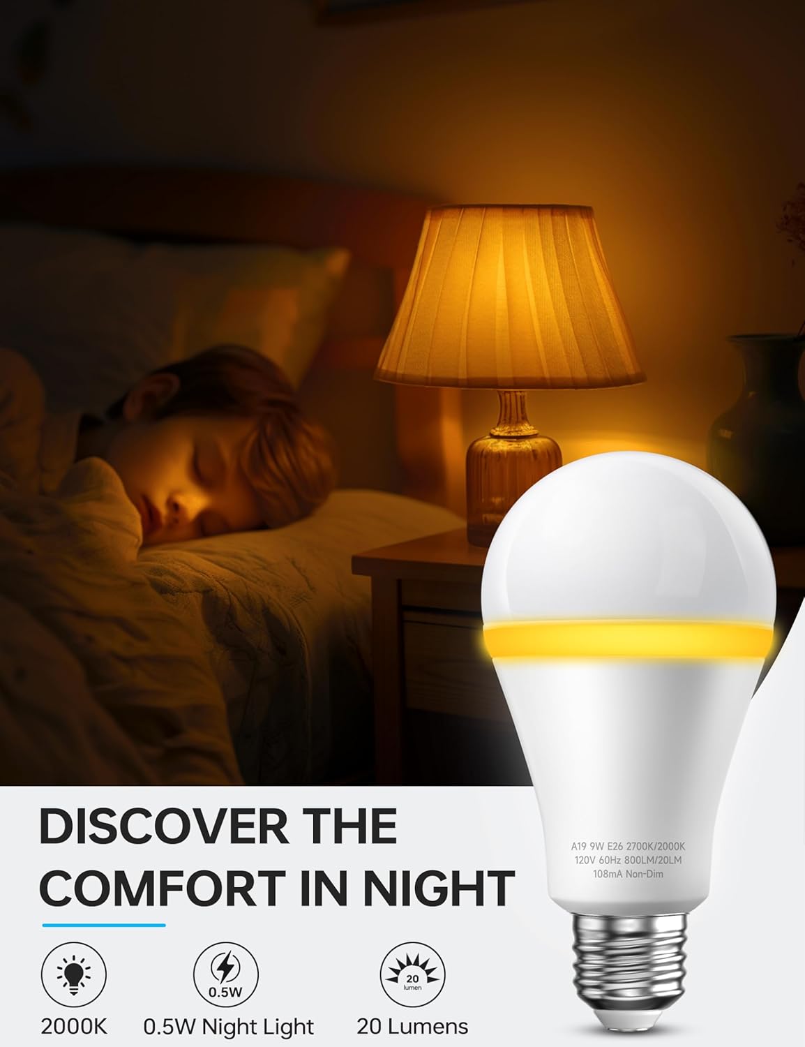KINDEEP Light Bulbs, E26 Blue Light Blocking Dim Bulbs with 2 Modes, 0.5W Amber Light with 20lm 2000K, 9W Equivalent 60W, 800lm 2700K, Ideal for Lamp, Bedroom, Mood Soothing, Sleep & Nursery, 4 Pack
