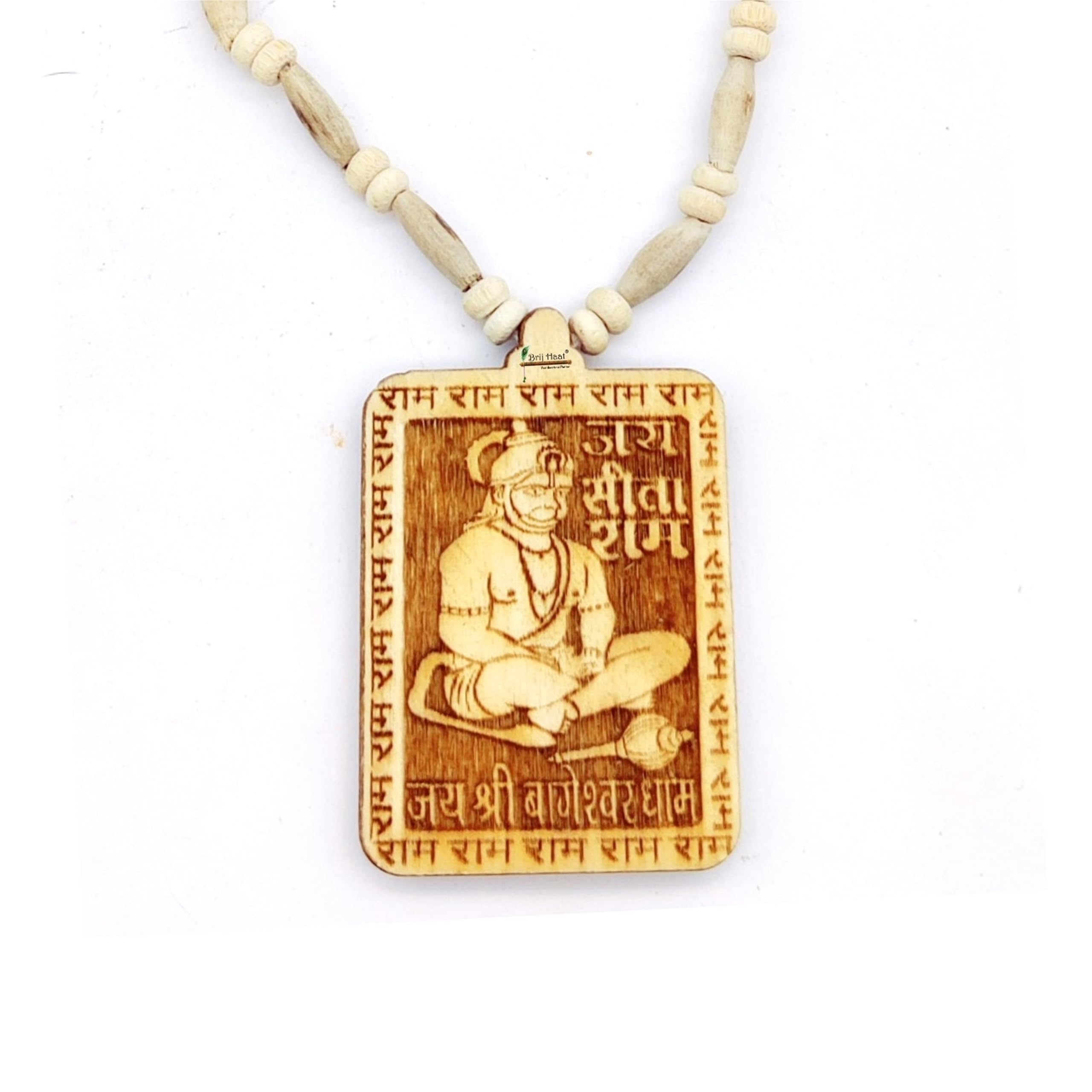 BRIJ HAATWooden Handmade Carving Bageshwar dham Hanuman ji Locket/pendant with Tulsi Kanthi Mala Pack