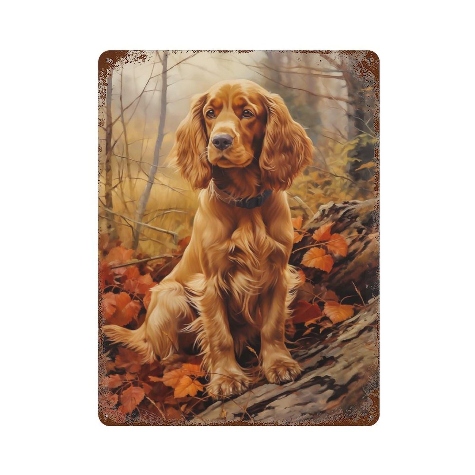 Rustic Tin Plaque English Cocker Spaniel in Autumn Forest 15.7"x11.8", Rustic Home Decor for Office, Studio And Wall Decor