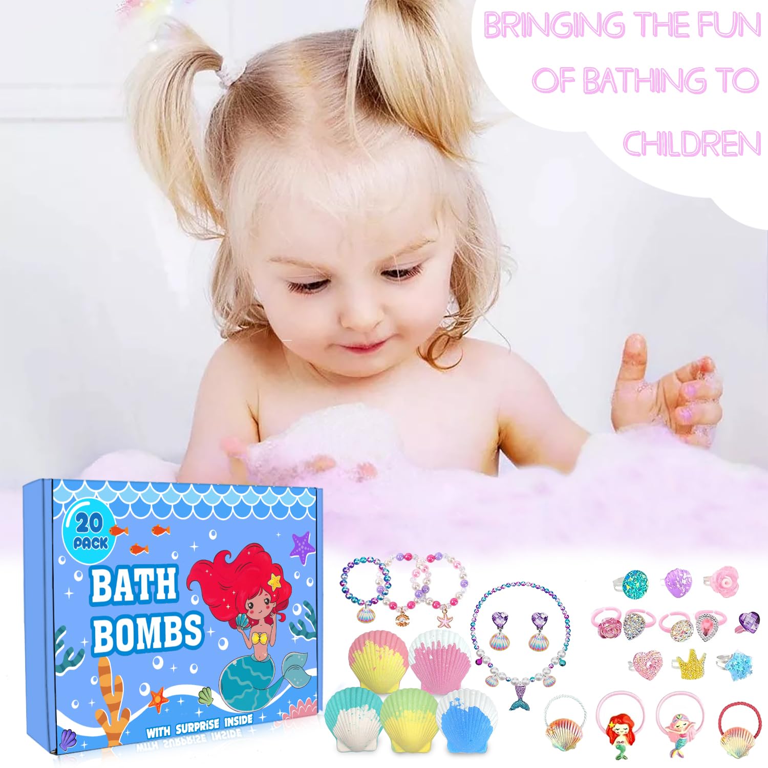 20 Pack Mermaid Bath Bombs for Girls Kids with Surprise Inside Mermaid Gifts for Girls Birthday Gifts Easter Christmas Princess Jewelry Natural Organic Bubble Shell Bath Bomb Set - Image 6