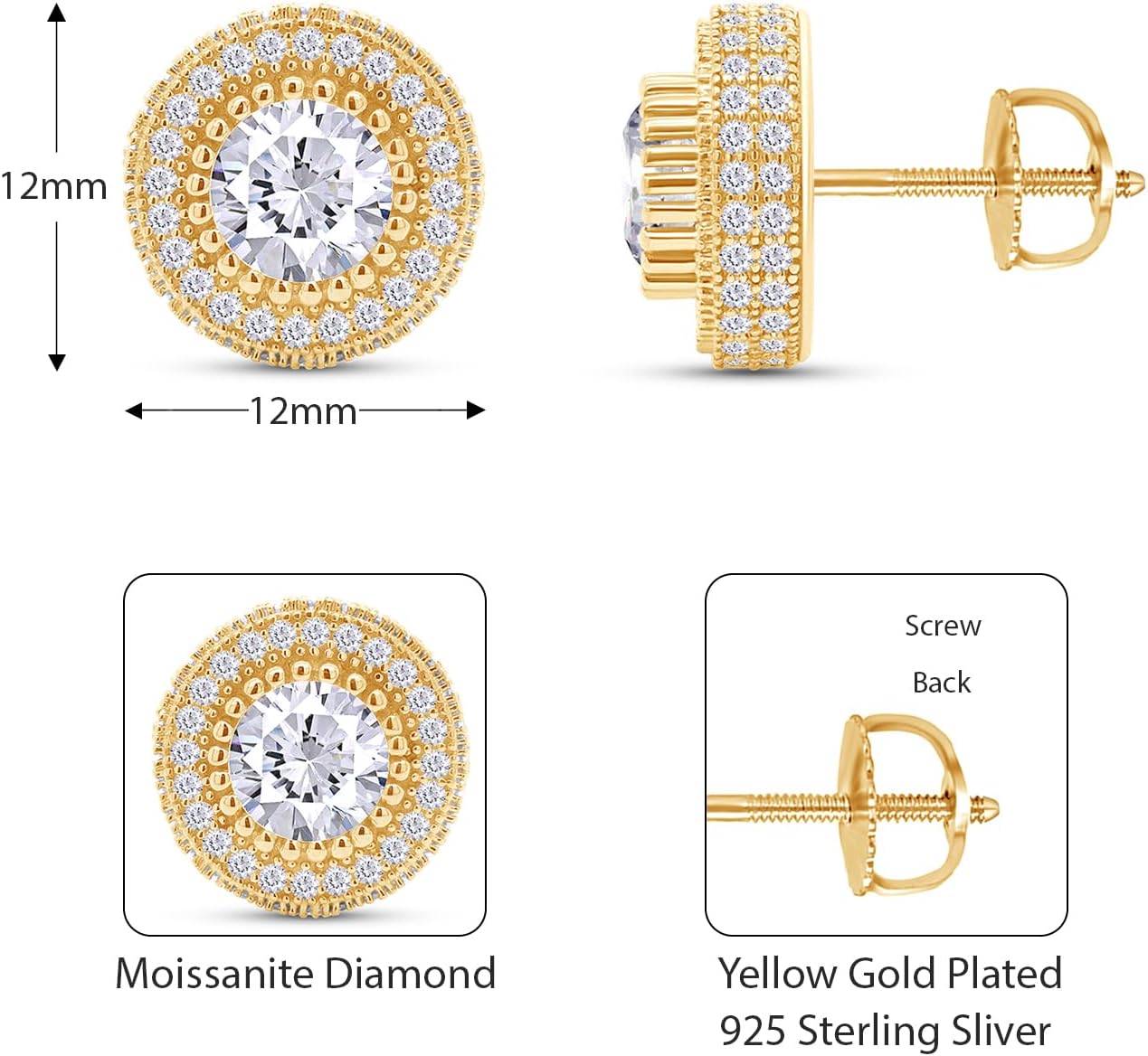SAVEARTH DIAMONDS Moissanite Stud Earrings 2.50Ct,14K Gold Plated 925 Sterling Silver Screw Back, Lab Created Round Cut Brilliant D Color VVS1 Clarity Moissanite Diamond Earrings Studs for Women Men - Image 2