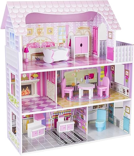 Casa de muñecas de madera para niñas pequeñas, casa de muñecas con 9 piezas de muebles, juguetes de regalo para niños de 3, 4, 5, 6 años