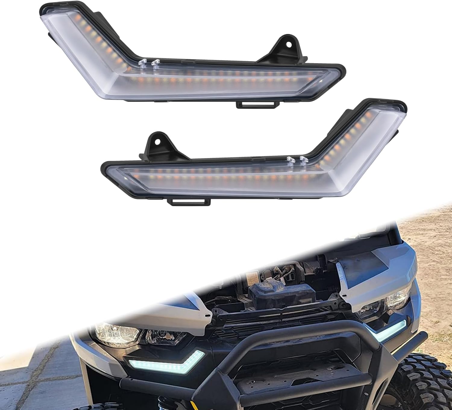 LED Turn Signal Lights Daytime Running Lights White Amber Front Headlights Fit for Can Am Defender, Can Am Defender Max 2020-2023, Clear Lens