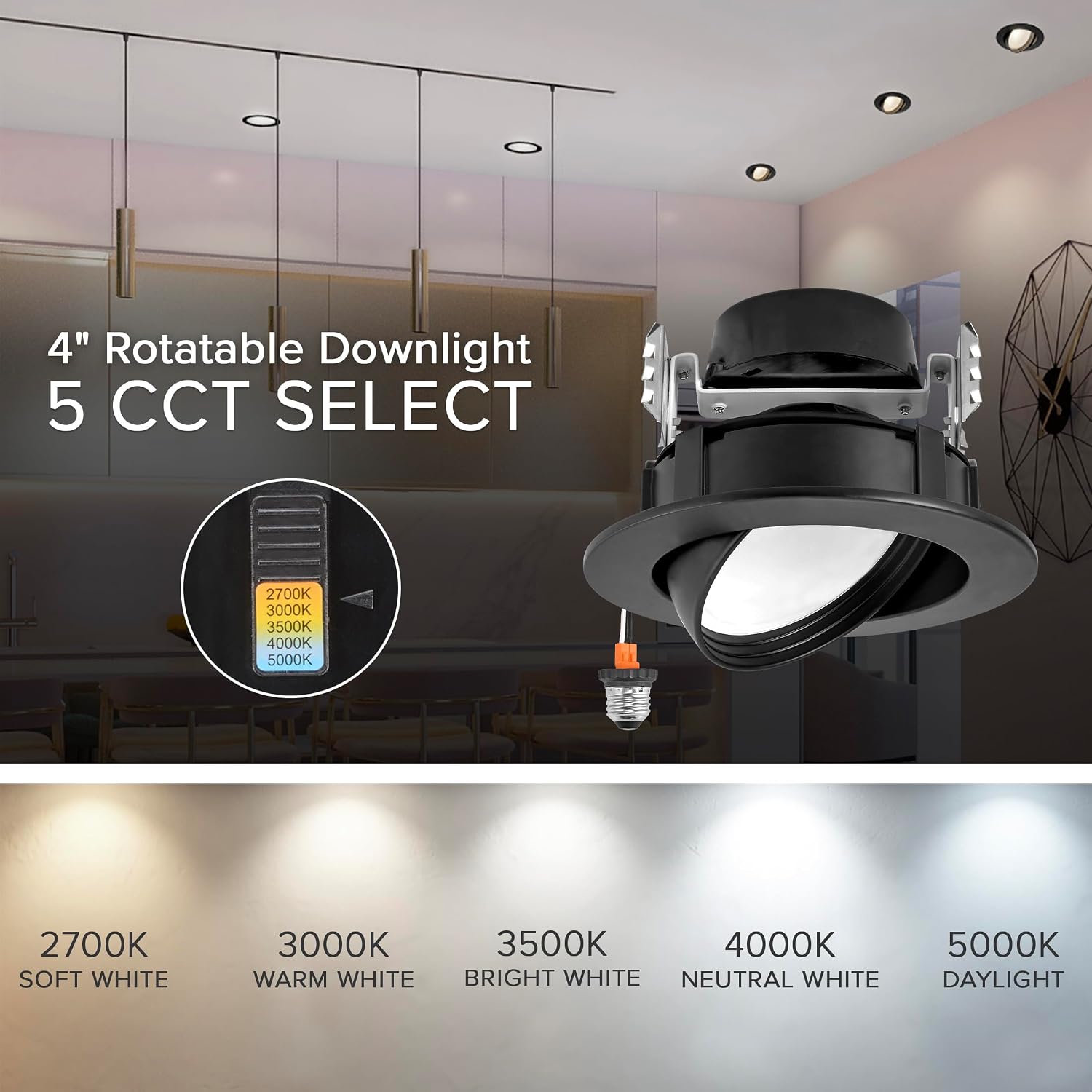 Maxxima 4 in. Rotatable LED Retrofit Downlight Gimbal, 950 Lumens, 10 Watts, 5 CCT 2700K/3000K/3500K/4000K/5000K, Dimmable, Aluminum Black Trim