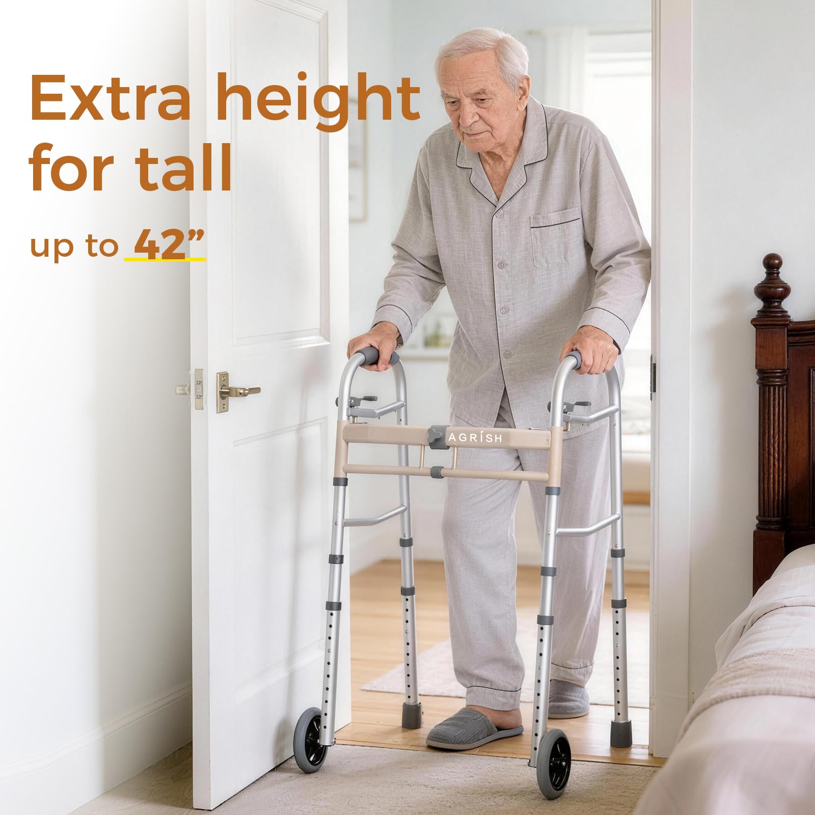 Deambulatore stretto pieghevole per anziani – Telaio leggero con ruote, larghezza e altezza regolabili, portata 160 kg, struttura compatta in alluminio per disabili