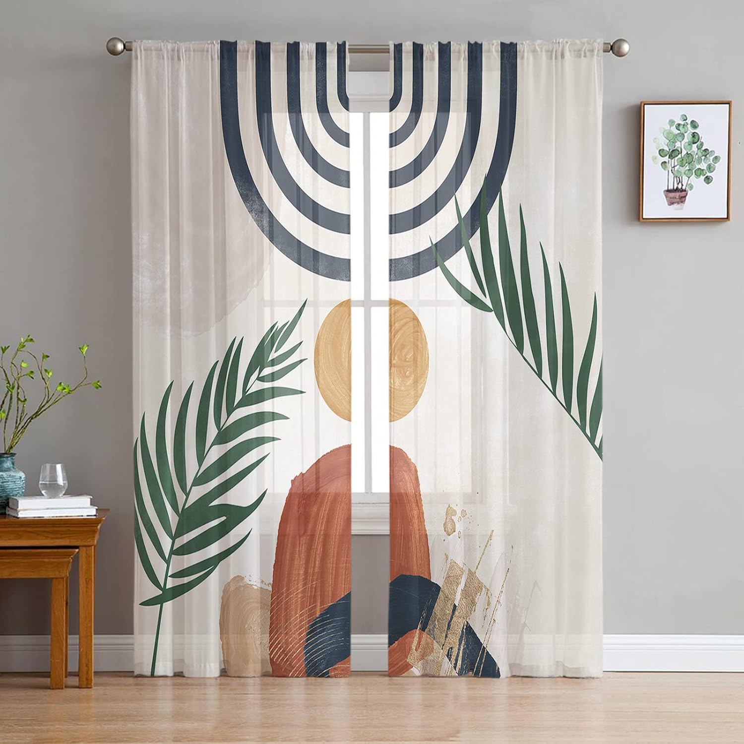 Bohemian Semi Sheer Curtains 108 inches Long for Living Room,Rod Pocket Light Filtering Sheer Curtains,Abstract Geometric Mid Century Modern Window Treatments Drapes for Bedroom Kitchen Decor,2 Panels