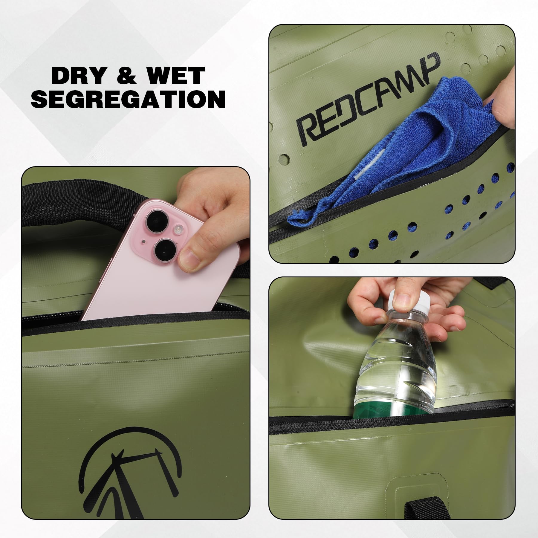 REDCAMP Große wasserdichte Reisetasche, 80L Rolltop Rucksack Dry Bag PVC 500D, Sporttasche mit Schnellbefestigungsgurten für Camping Motorrad Bootfahren Angeln Rafting Kajak Paddeln, Armeegrün