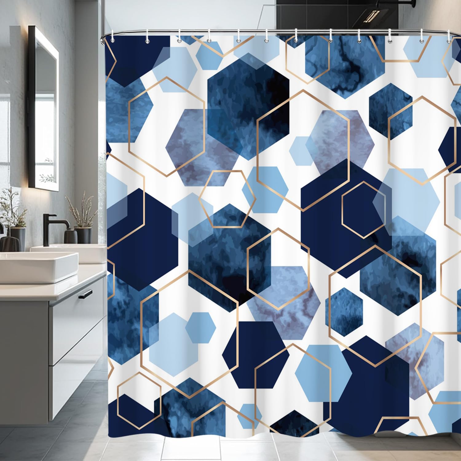deFouliao Blue Shower Curtain Navy Blue Modern Abstract Geometric Grid Bathroom Curtain Sets for Bathtub Home Decor, Waterproof Fabric Washable with